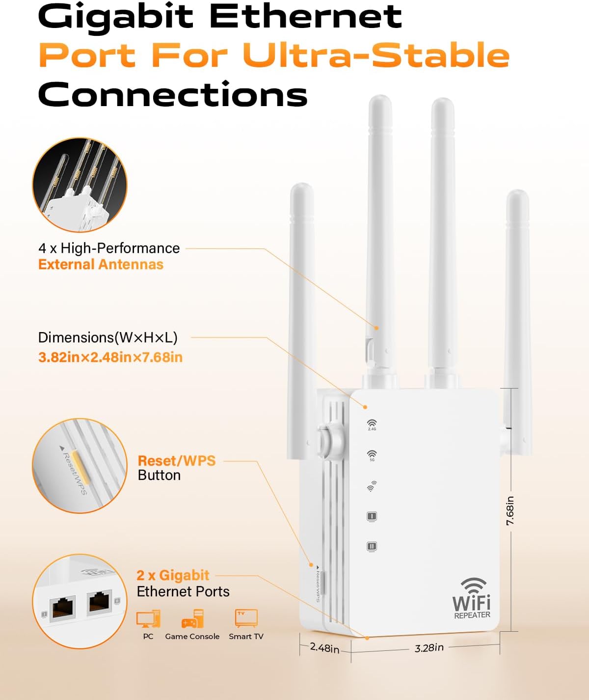 Detalle de WiFi Extender Signal Booster Dual Band 5GHz/2.4GHz with 12880 Sq.ft Coverage and 4 Antennas