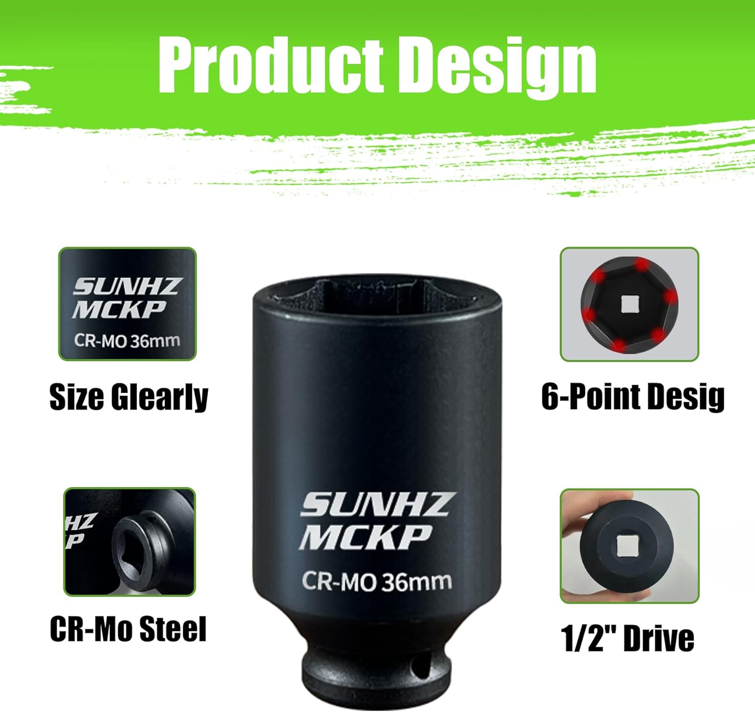 Thumbnail 3 de SUNHZ MCKP 1/2" Drive Deep Impact Socket Set (17-Piece) for Axle Nuts, CR-MO, SAE + Metric