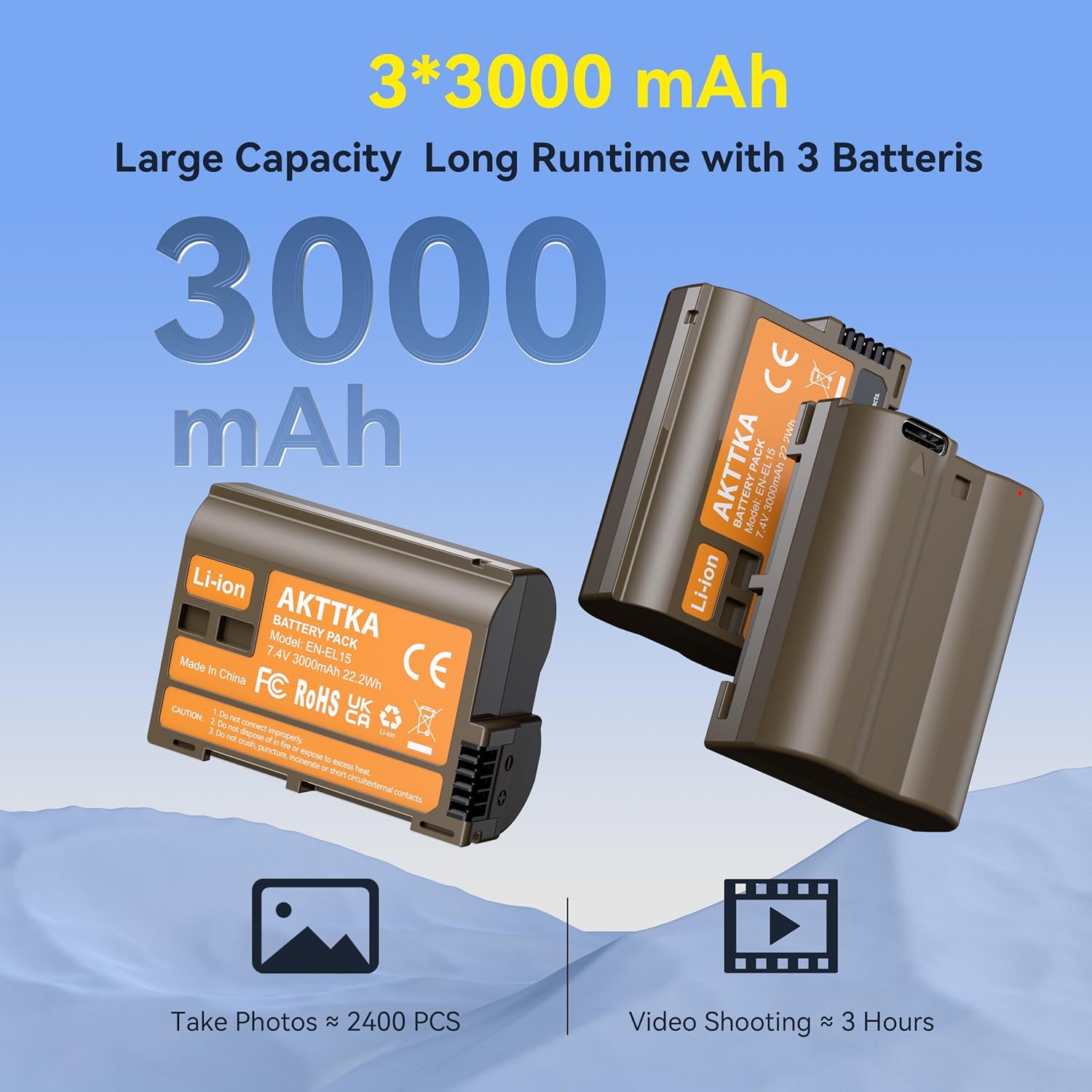 Thumbnail 2 de AKTTKA EN-EL15C 3000 mAh batterie per fotocamera (3 pezzi)