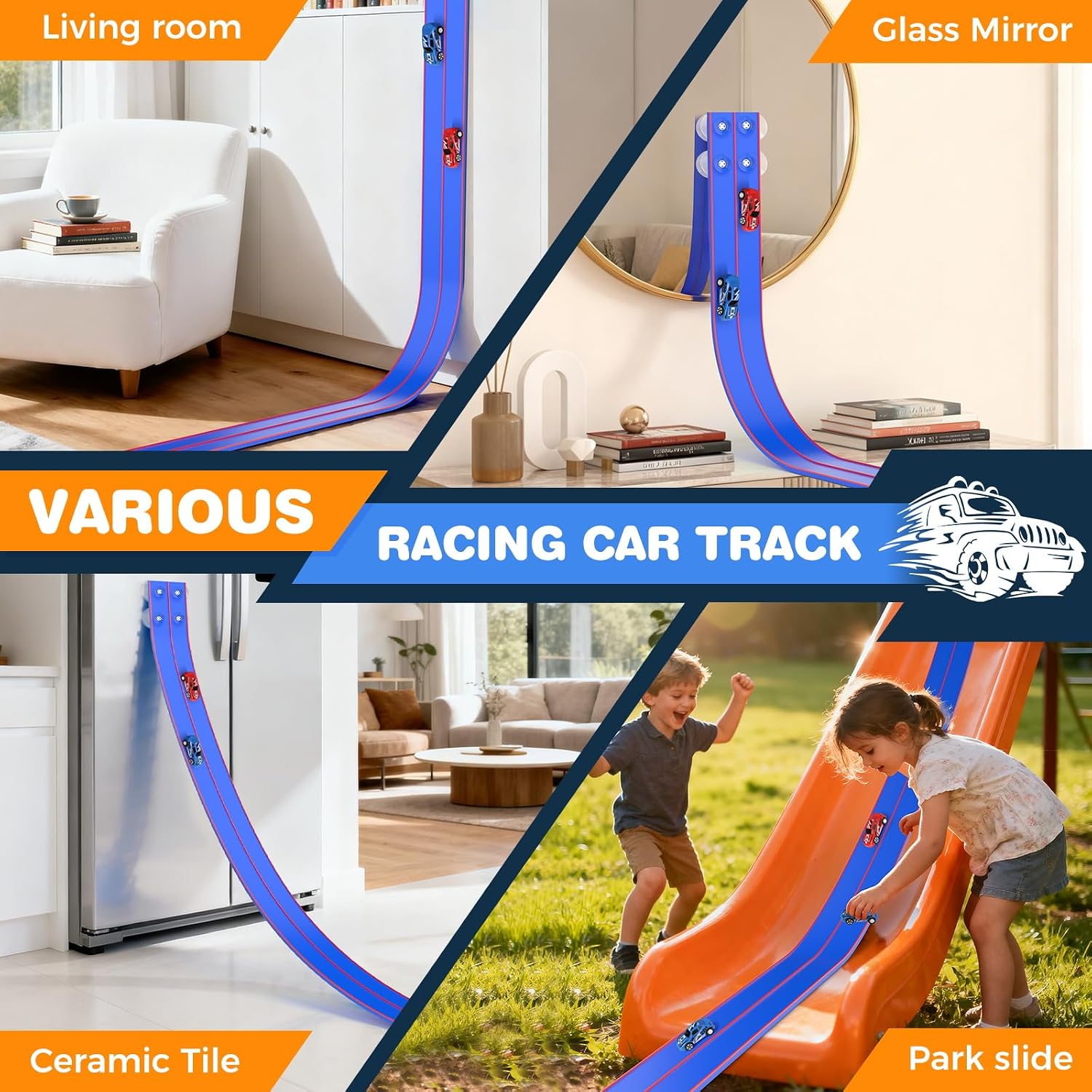 Detalle de TAEMVV 15 Ft Dual Flexible Race Track for Kids — DIY Side-by-Side Car Track with 1/64 Diecast Compatibility