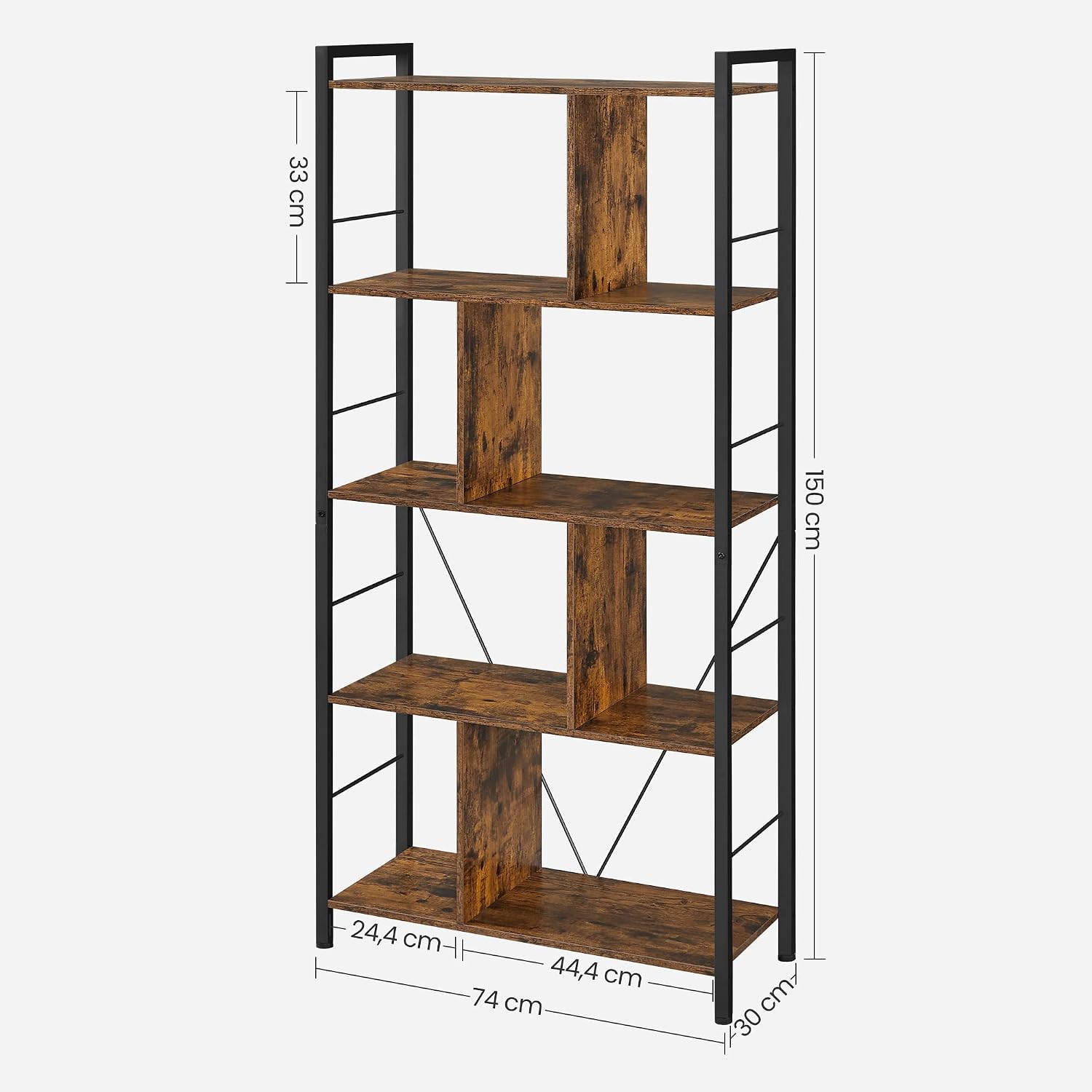 Detalle de VASAGLE BARNET LBC121B01 5-Tier Bookshelf, Steel Frame, Rustic Brown and Black
