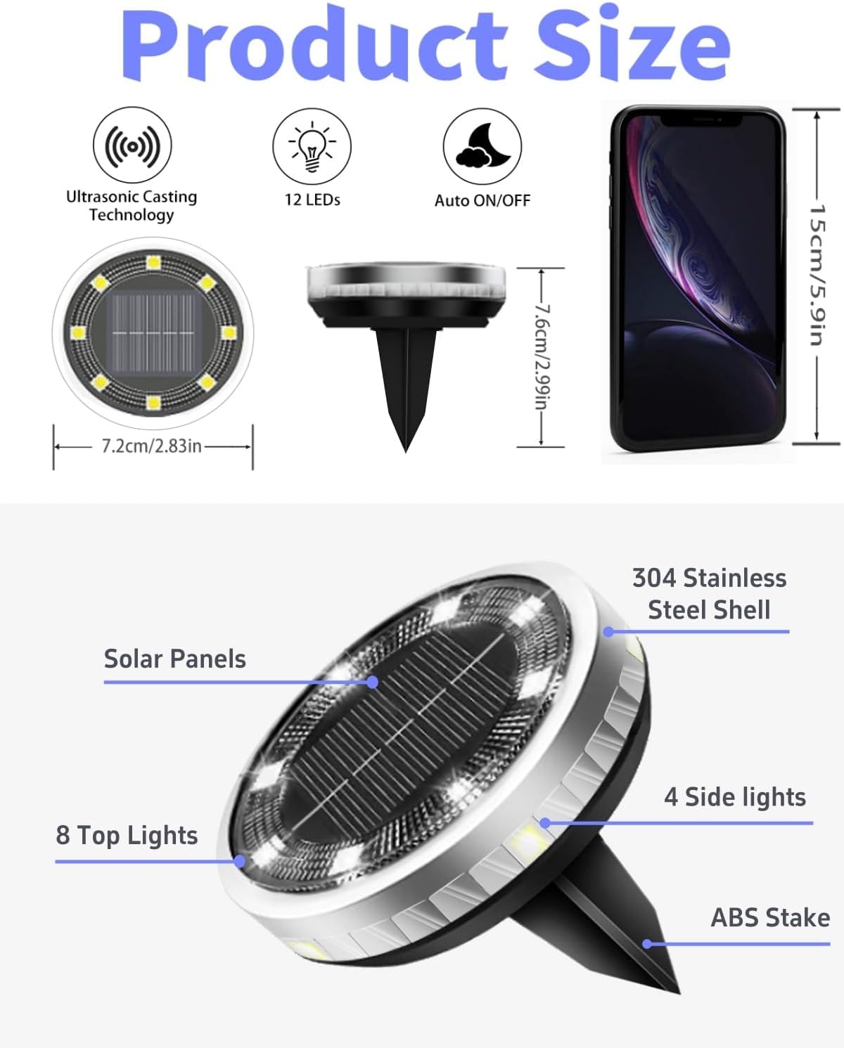 Detalle de Bzavor 12er IP65 Solar Bodenleuchten – 8 Ober- und 4 Seiten-LEDs für Gartenwege