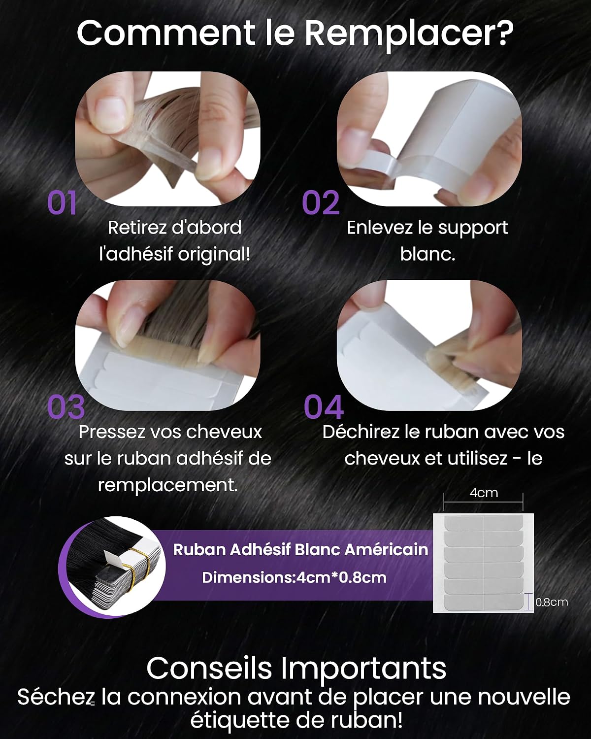 Thumbnail 4 de LaaVoo Tape-in Echthaar Extensions 45 cm Schwarz – 20 Stück, 50 g