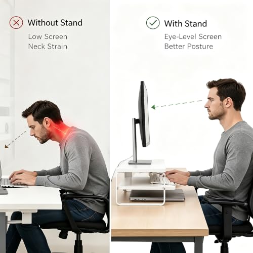 Detalle de DOMSHOCT Monitor Stand Riser with Phone Holder — 2 Tier Ergonomic Desk Accessory
