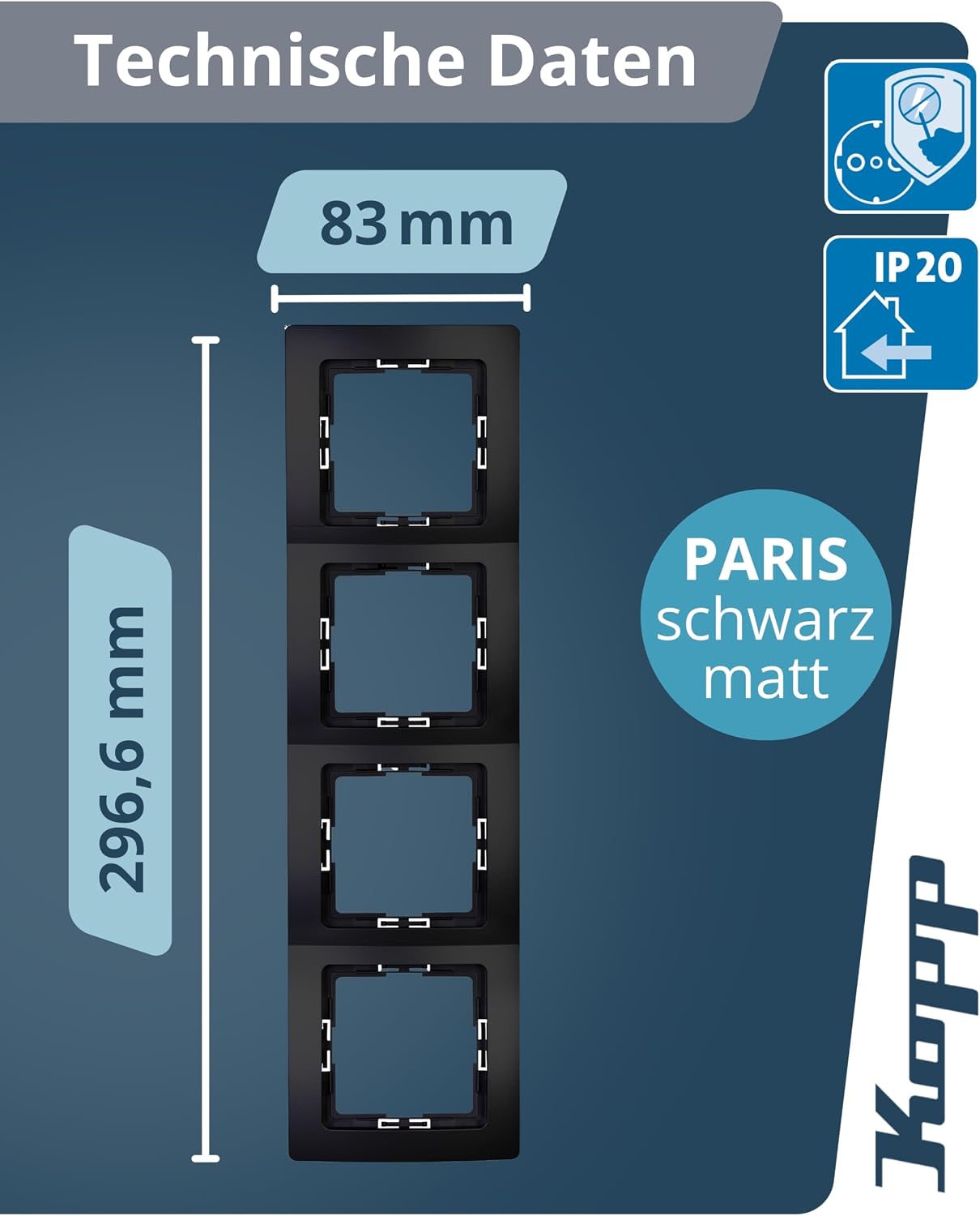 Thumbnail 1 de Kopp PARIS 4-fach Abdeckrahmen in Matt-Schwarz (8,3 x 29,6 cm) für Steckdosen & Schalter