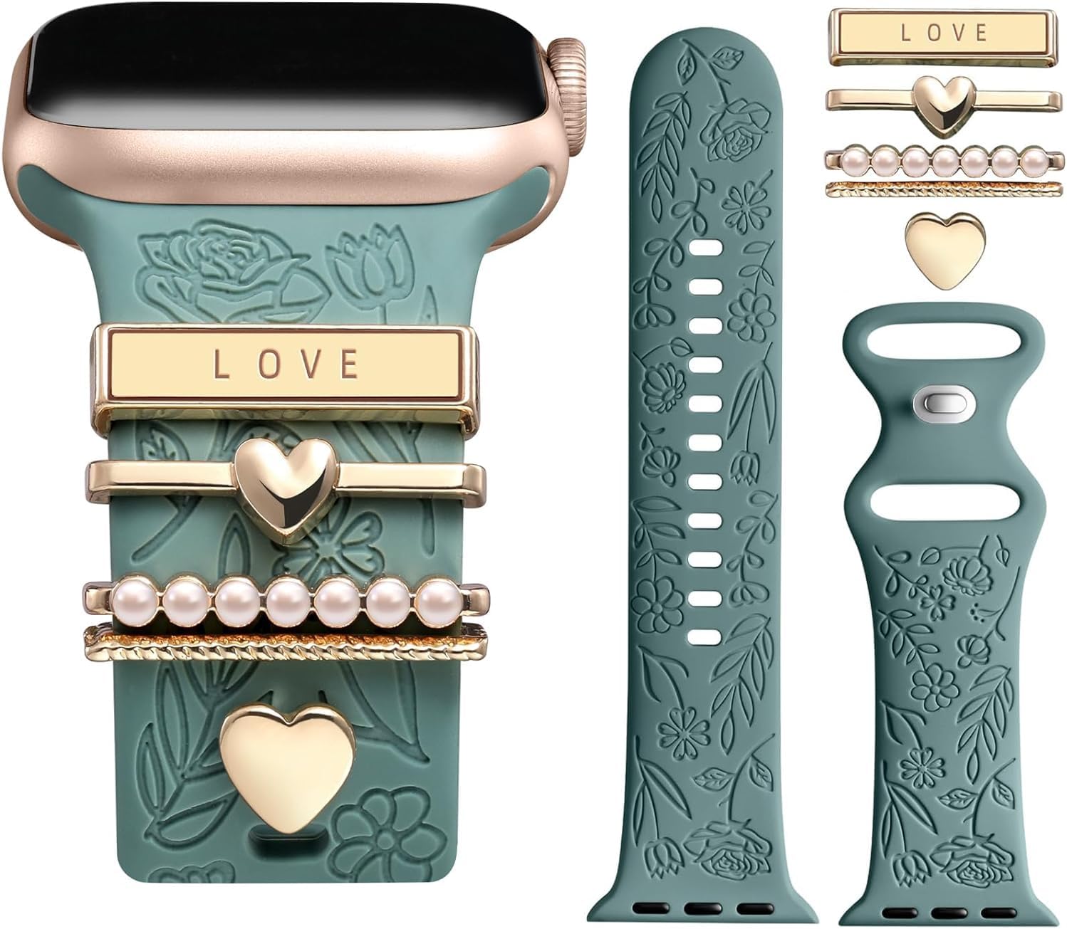 Detalle de Designer Flower Engraved Apple Watch Strap with Charming Decoration for Women