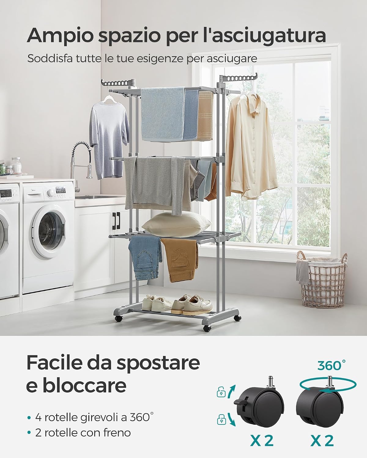 Detalle de SONGMICS LLR701G01 stendibiancheria pieghevole a 4 livelli con ruote e ali richiudibili