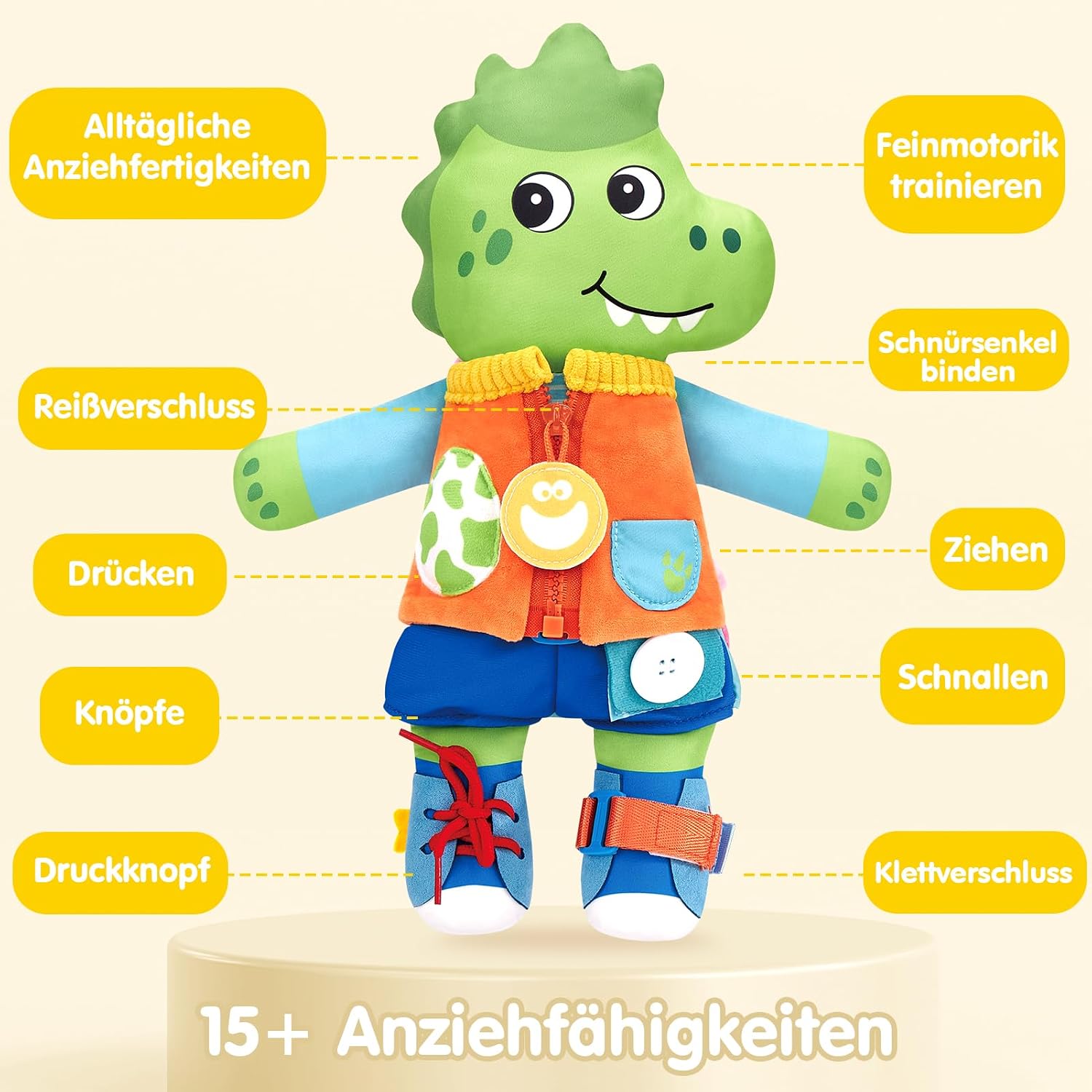 Detalle de hahaland Montessori Doppelpuppe Dino-Einhorn mit 15 Alltagsfähigkeiten (ab 1 Jahr)