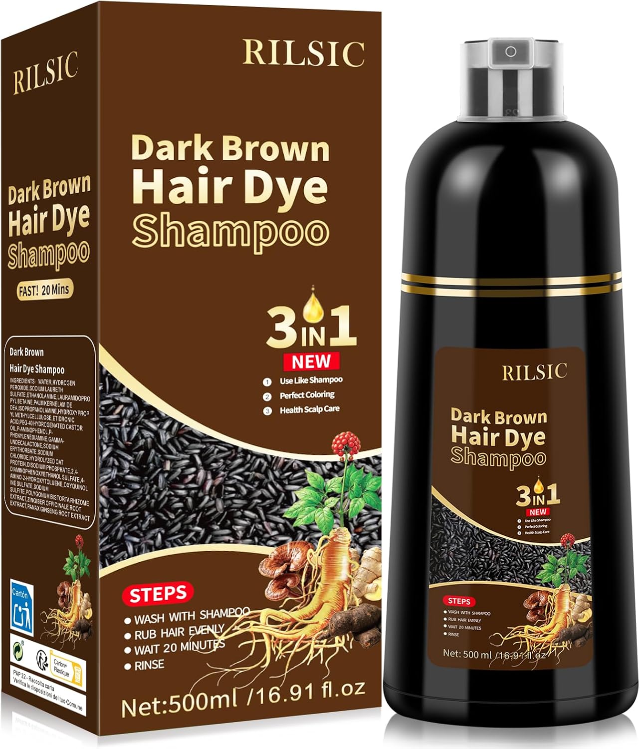 Detalle 2 de Shampoo Colorante Marrone Scuro 500ML per Capelli Bianchi – 3 in 1, effetto naturale e lucentezza