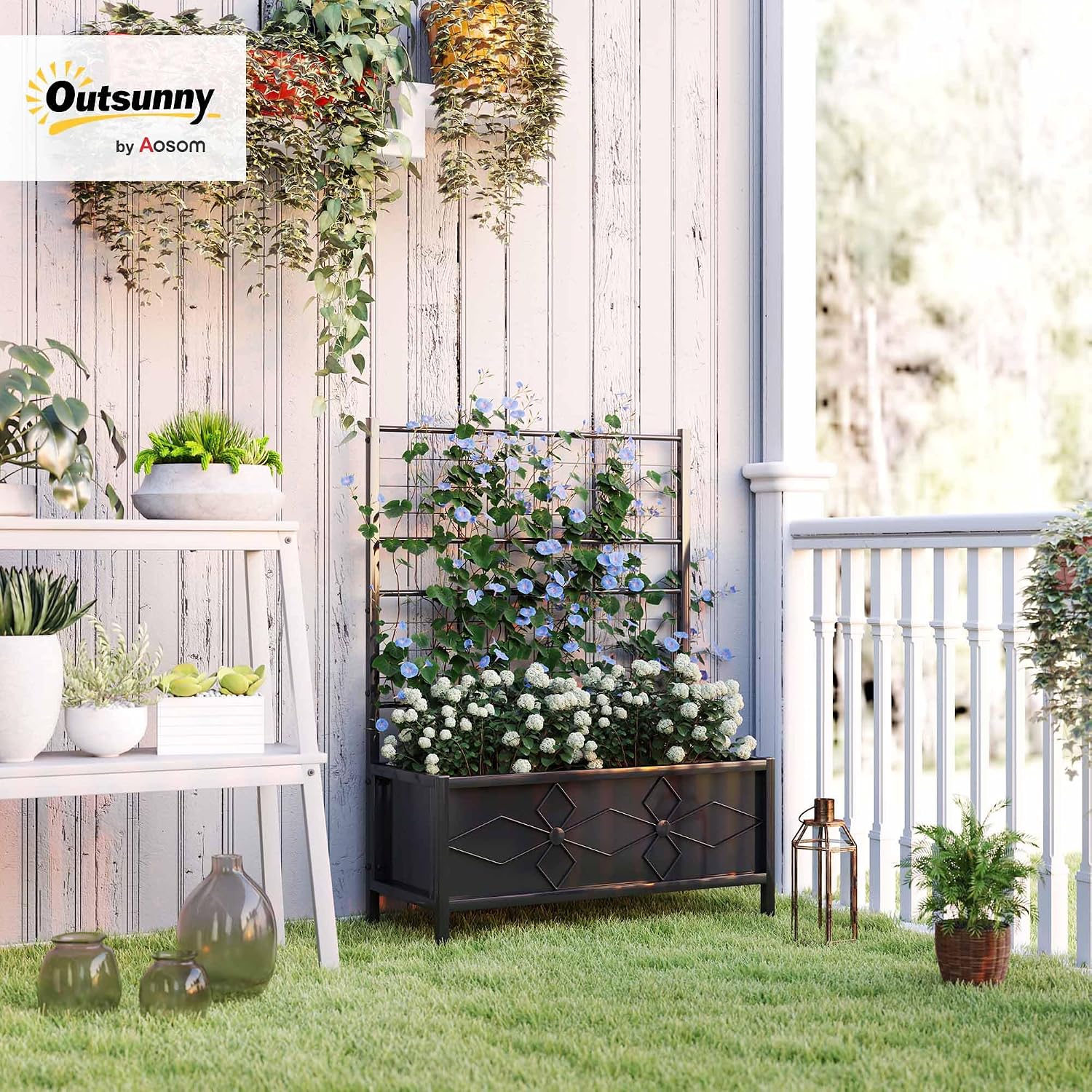 Thumbnail 1 de Outsunny 84H-145V00BK Raised Garden Bed with Trellis, Black Galvanised Steel