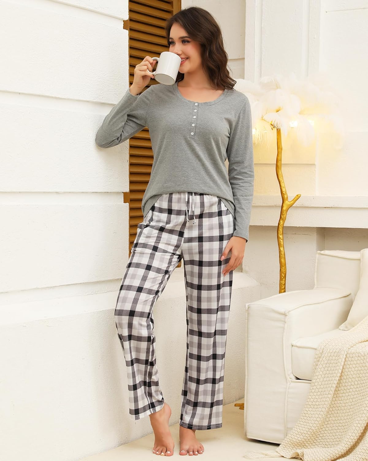 Thumbnail 3 de TeJoyce Women’s Soft Cotton Pyjama Sets – Long Sleeve Top & Checked Pants with Pockets