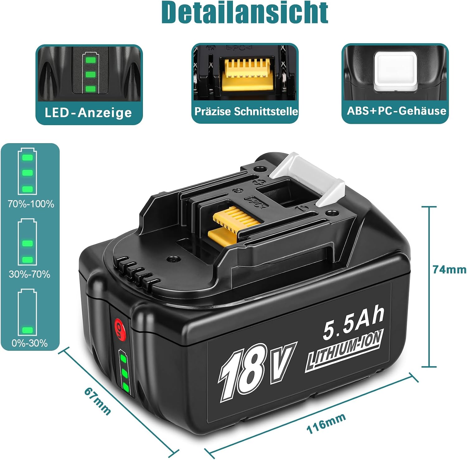 Detalle 1 de REACELL 2x 5500mAh 18V Ersatzakku für Makita