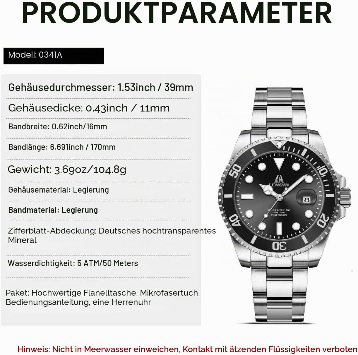 Detalle 2 de LN LENQIN Herren Uhr Analog Quarz mit Datum