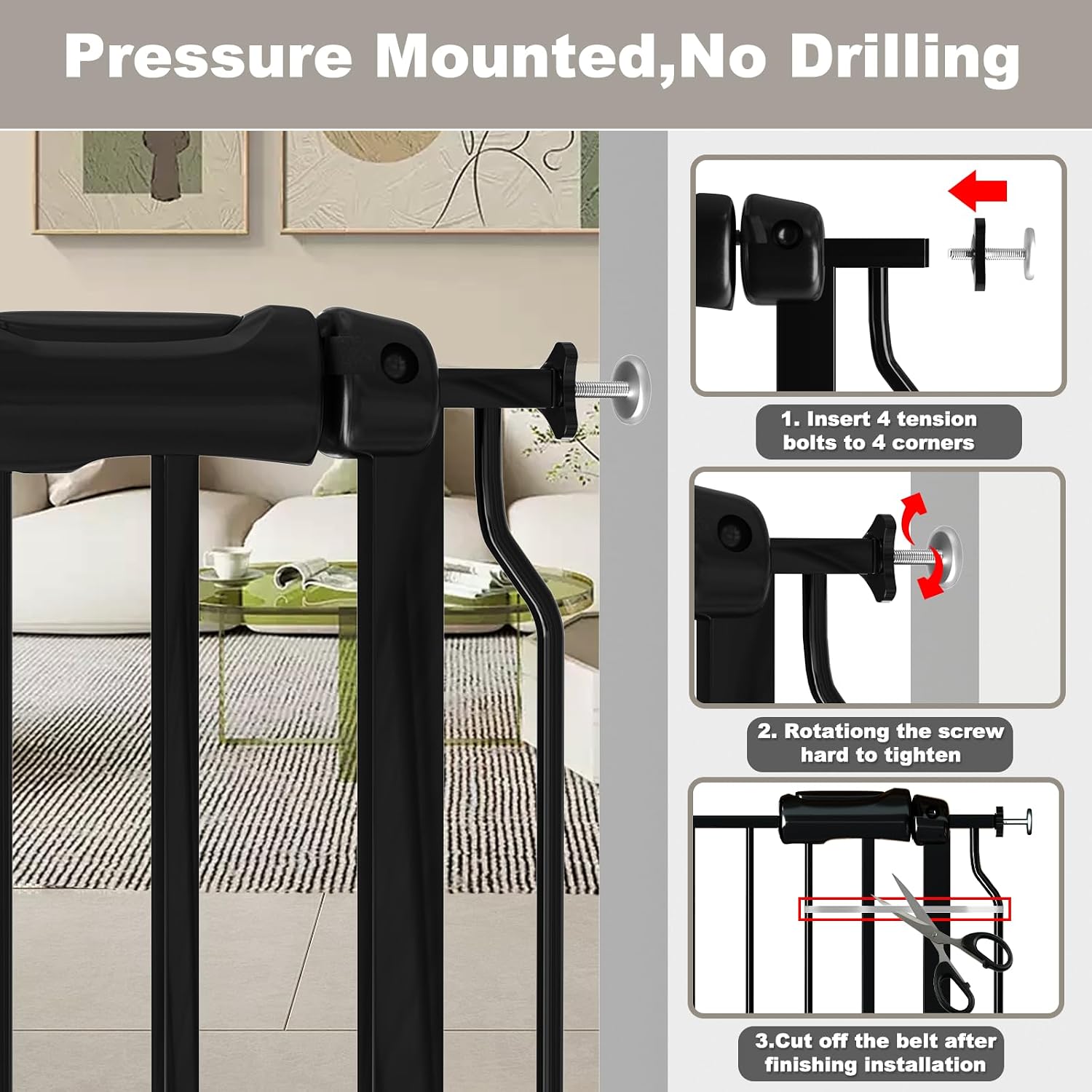 Detalle 2 de Fairy Baby W046Black Extra-Wide Baby Gate, 53–57.5-Inch Pressure-Mounted
