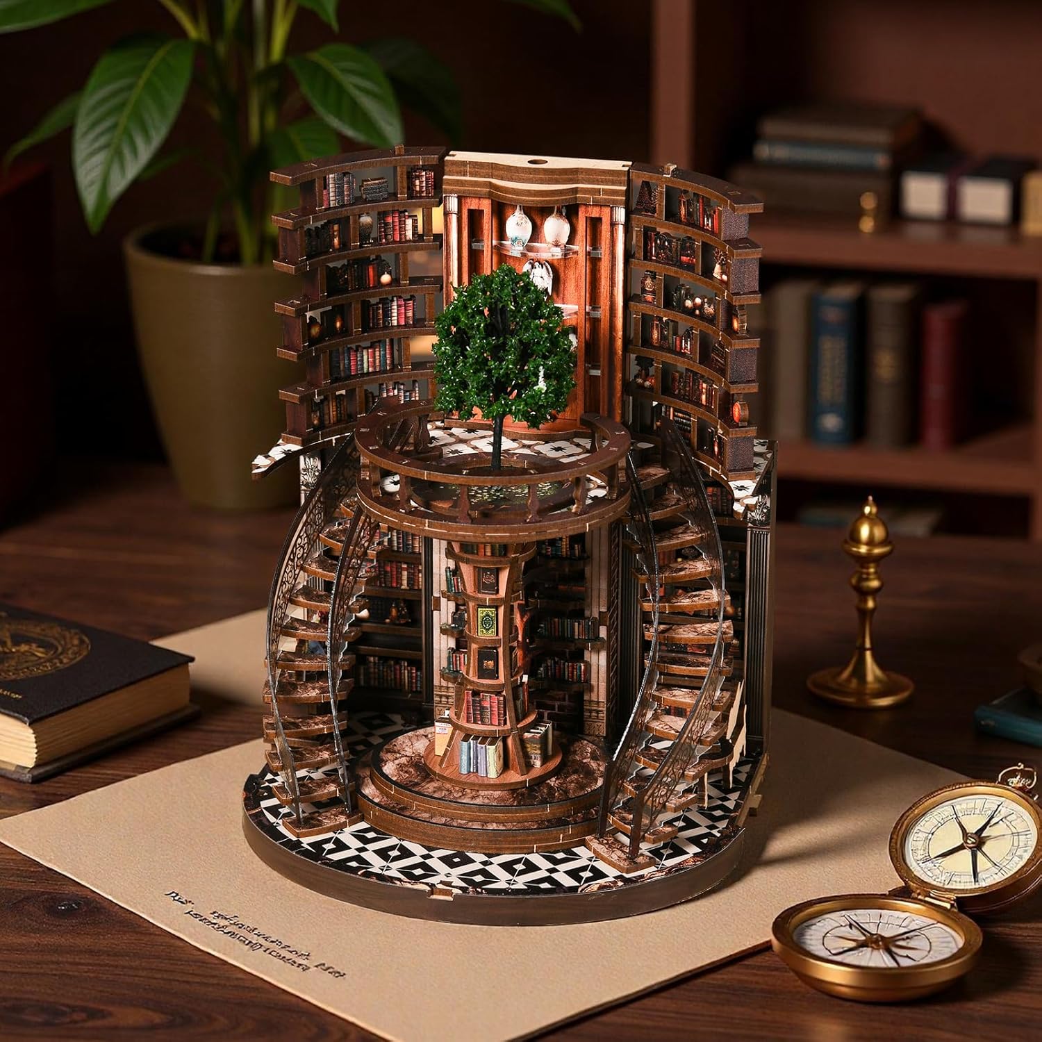 Detalle de BATTREVO Book Nook Kit – Weisheitsringe Bucharchiv aus Holz mit LED-Beleuchtung