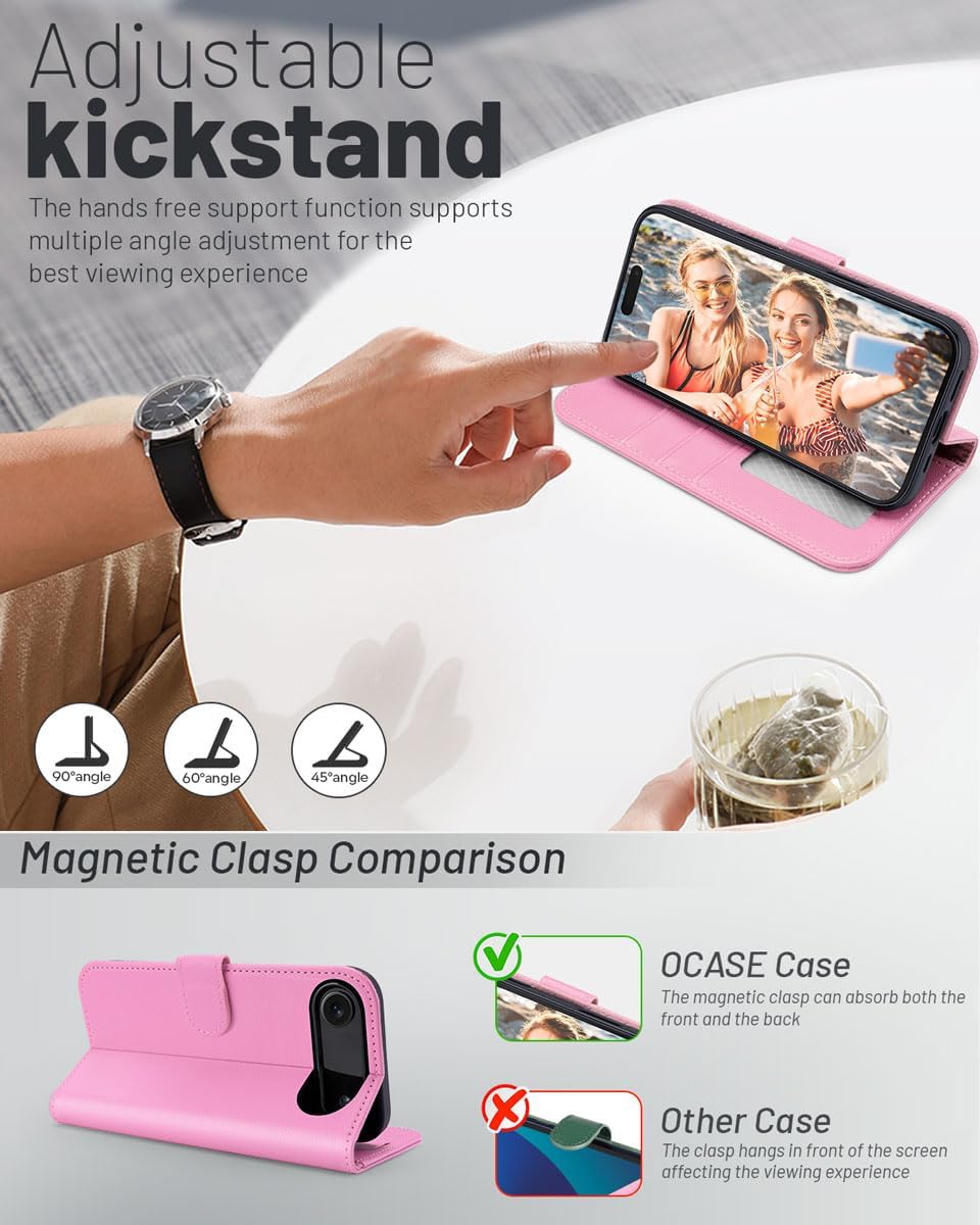 Detalle 2 de OCASE Lederhülle für iPhone Air 5G – Kartenfach, RFID-Schutz, Standfunktion, rosa