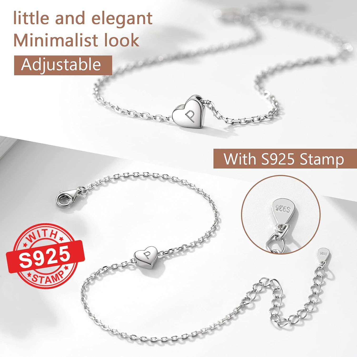 Detalle de PROSILVER Women Sterling Silver Heart Initial Bracelet with S925 Stamp – Adjustable A to Z Alphabet Jewellery