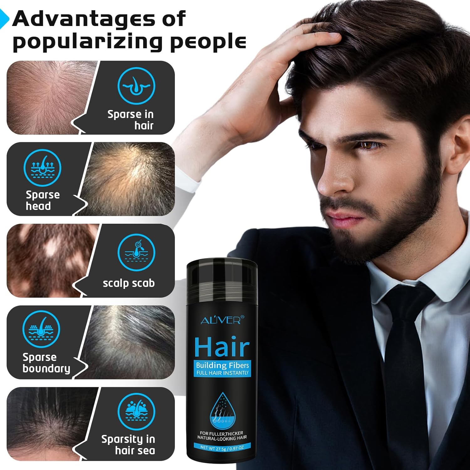 Thumbnail 1 de Aliver Hair Fibers for Thinning Hair (Black) — 27.5Gr, Undetectable Natural Formula