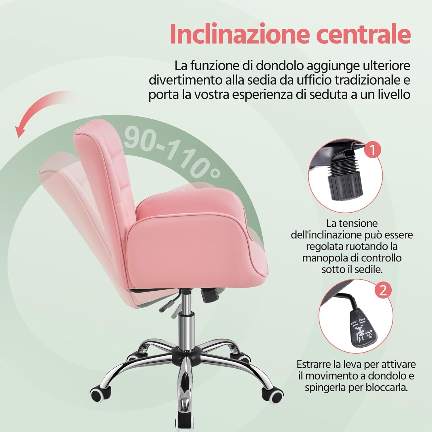 Thumbnail 5 de Yaheetech Sedia Ufficio Ergonomica Rosa 360°