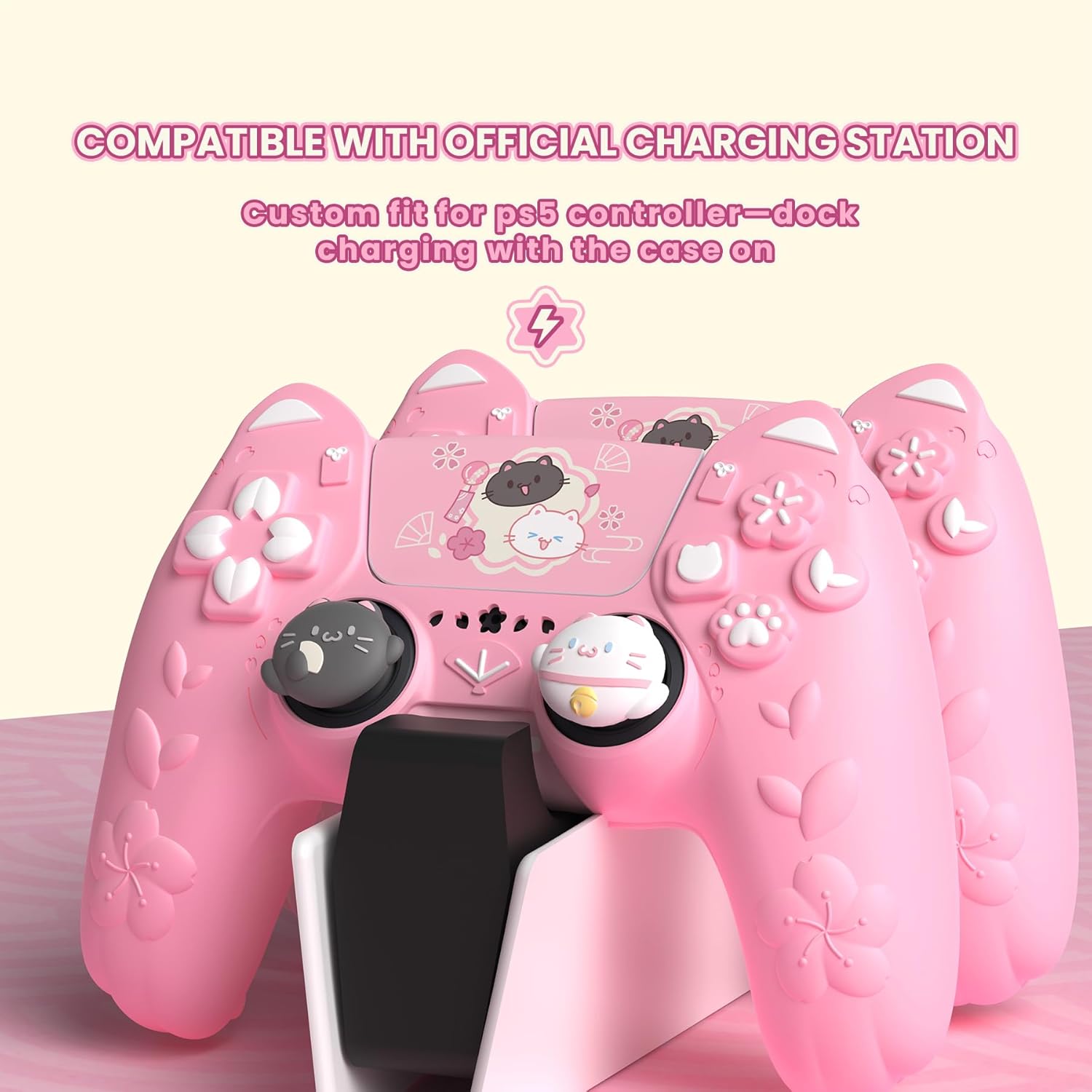 Detalle de PlayVital Cherry Blossoms Cat Skin for PS5 Controller – Anti-slip Silicone Case with Cat Ears, Thumb Grips & Stickers