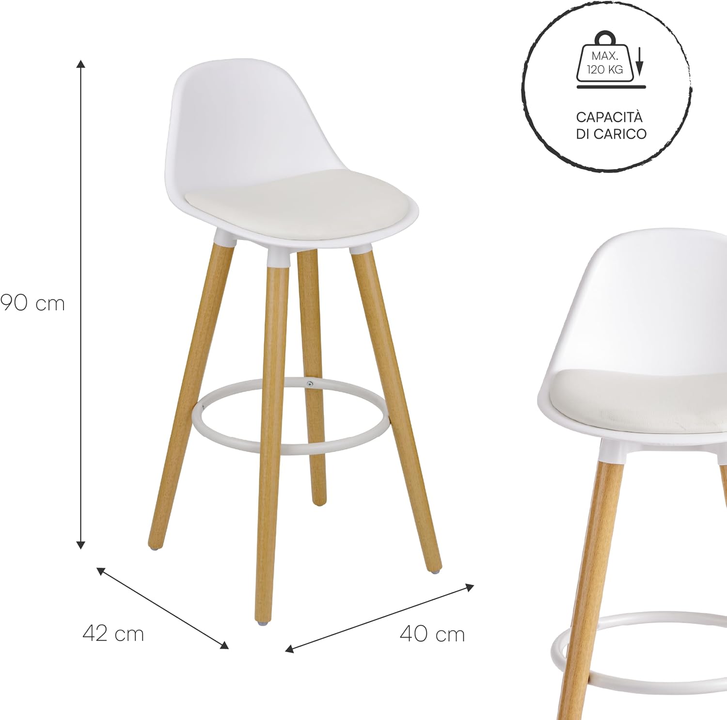 Thumbnail 3 de Baroni Home Set 2 Sgabelli 40x42x92 cm Bianco