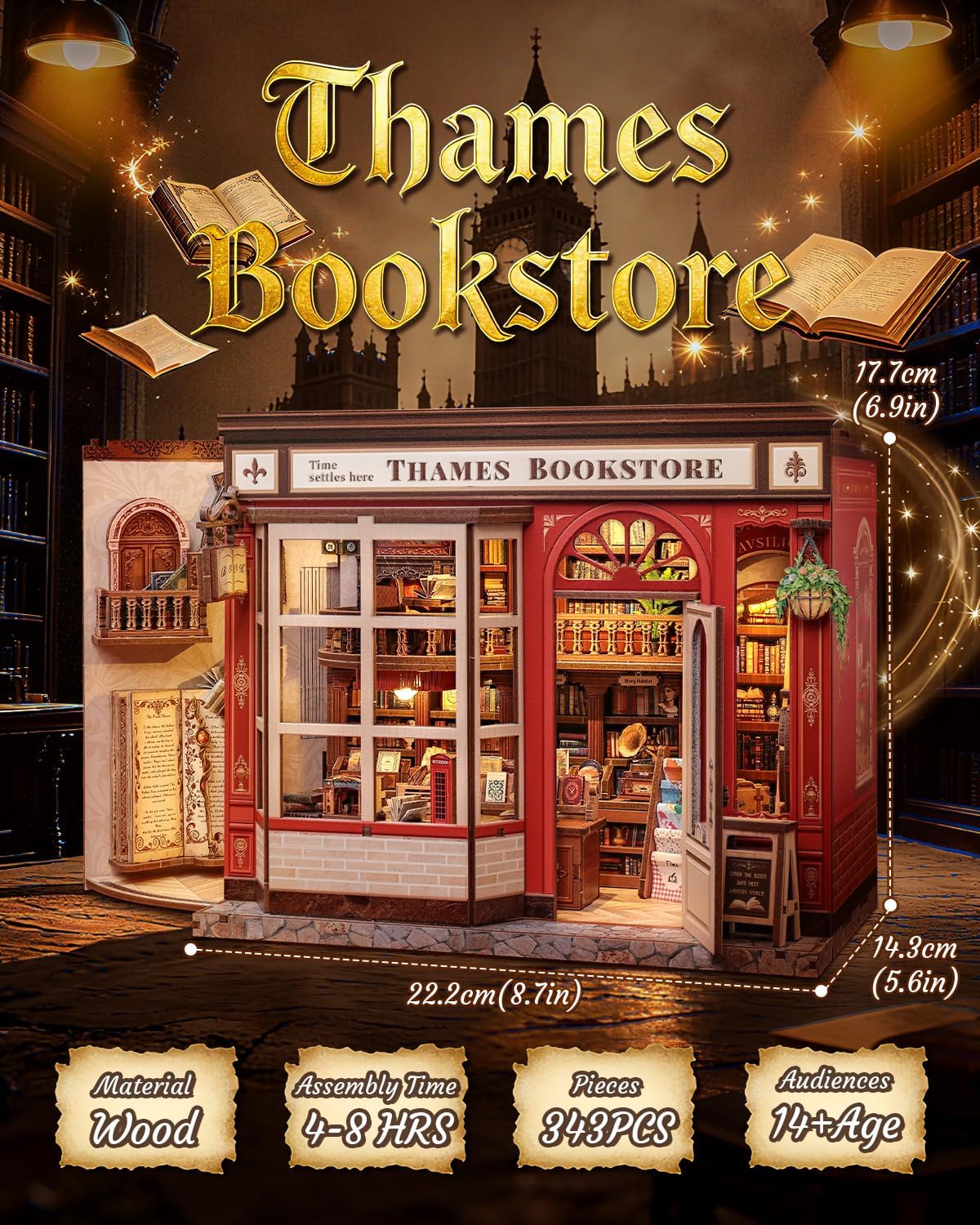 Thumbnail 1 de CUTEBEE Puzzle 3D Librairie Magique Britannique Book Nook (Thames Bookstore) – maison de poupée DIY à monter avec LED