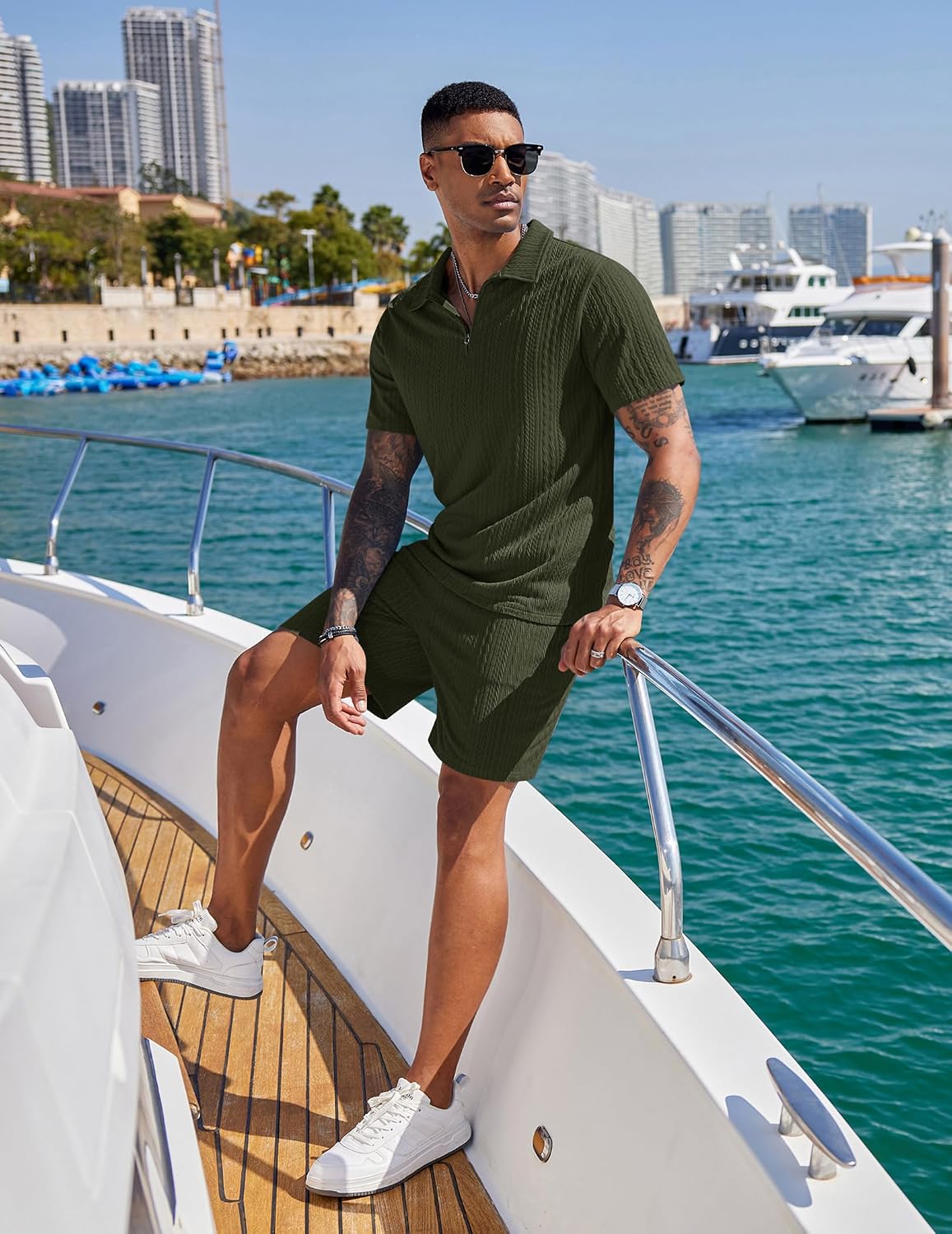 Detalle de COOFANDY Men’s 2 Pieces Outfits: Casual Quarter Zip Polo Shirt and Shorts Set