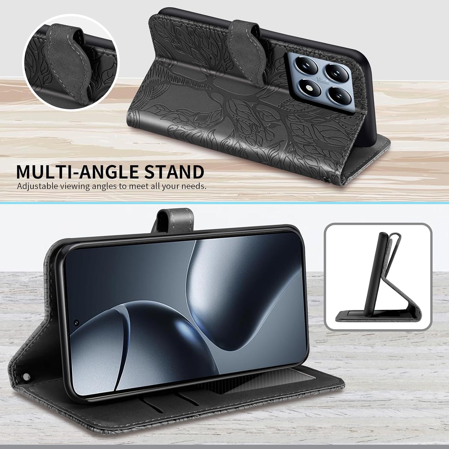 Detalle de Rostsant Flip Case für Xiaomi 14T Pro – Geprägtes PU-Leder Brieftasche mit Standfunktion in Schwarz