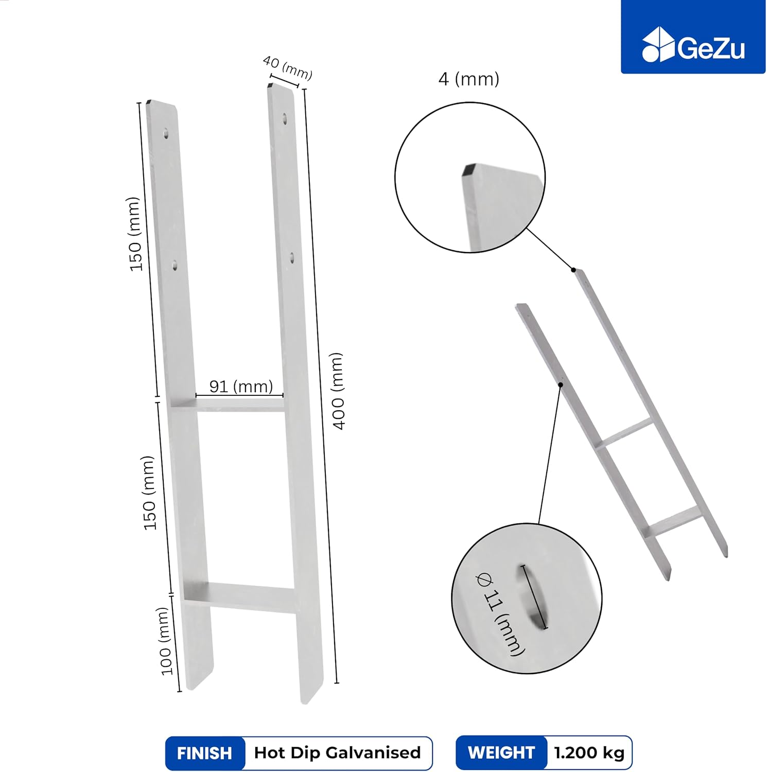 Thumbnail 1 de GeZu Impex Support de poteau en H galvanisé à chaud – Lot de 4, 91 x 400 mm