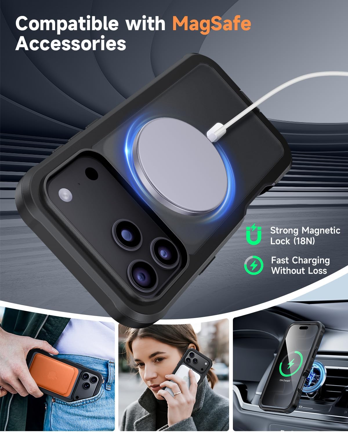Detalle de seacosmo for 18 17 Pro Max Case, Matte Black, Built-In Glass & MagSafe Ring
