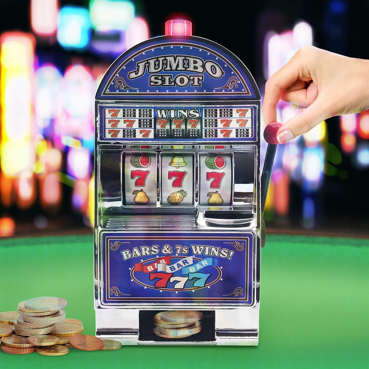 Detalle 2 de GOODS+GADGETS Bandit Manchot - Machine à sous jouet avec sons, lumière et tirage de pièces