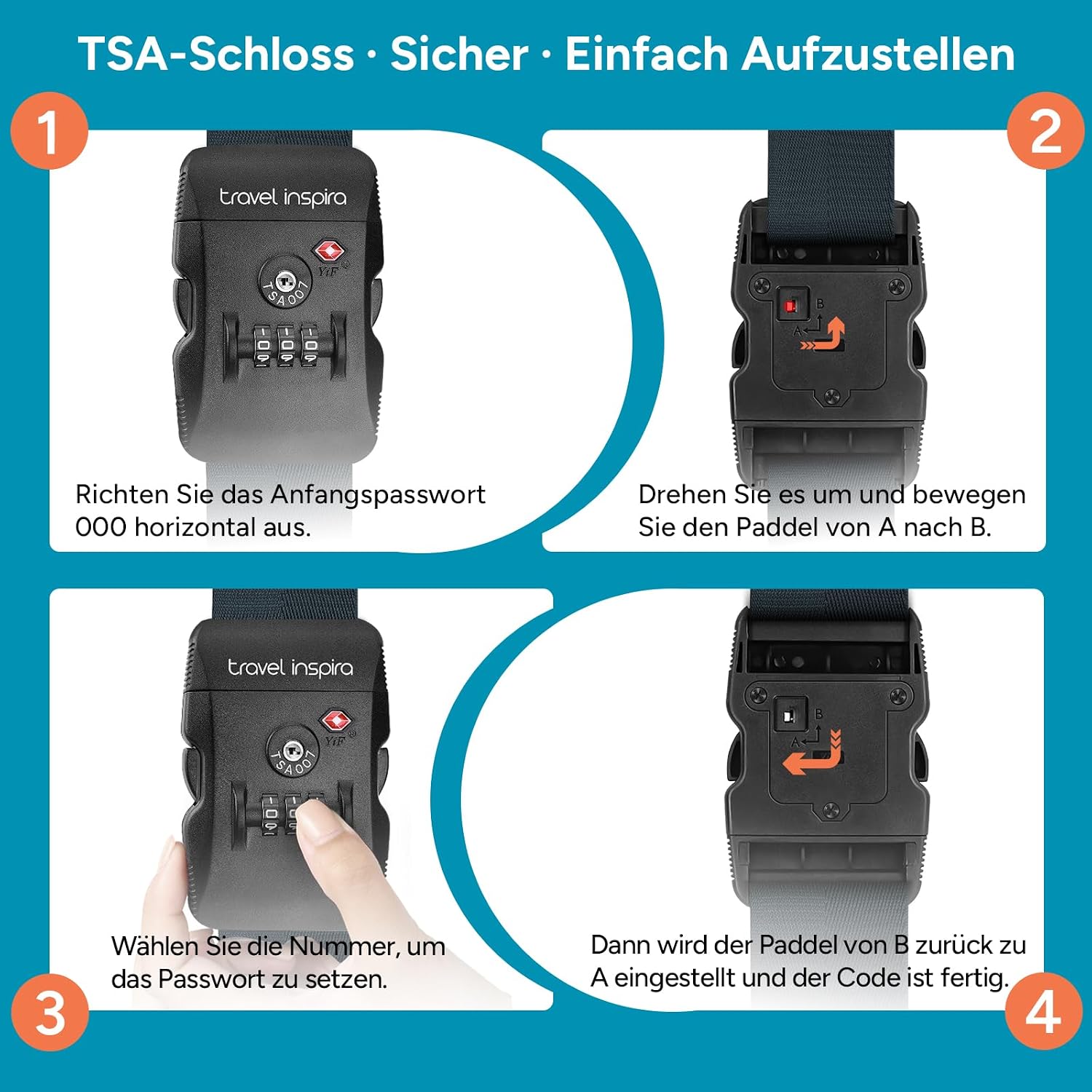 Detalle de travel inspira TSA-Koffergurt mit Zahlenschloss, verstellbar bis 200 cm (für 20–32" Koffer), dunkelblau