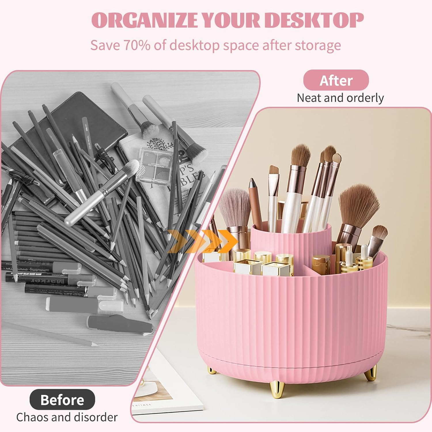 Thumbnail 1 de 360° Rotating Makeup Organiser with 5 Compartments (Pink) – desk brush holder and stationery storage