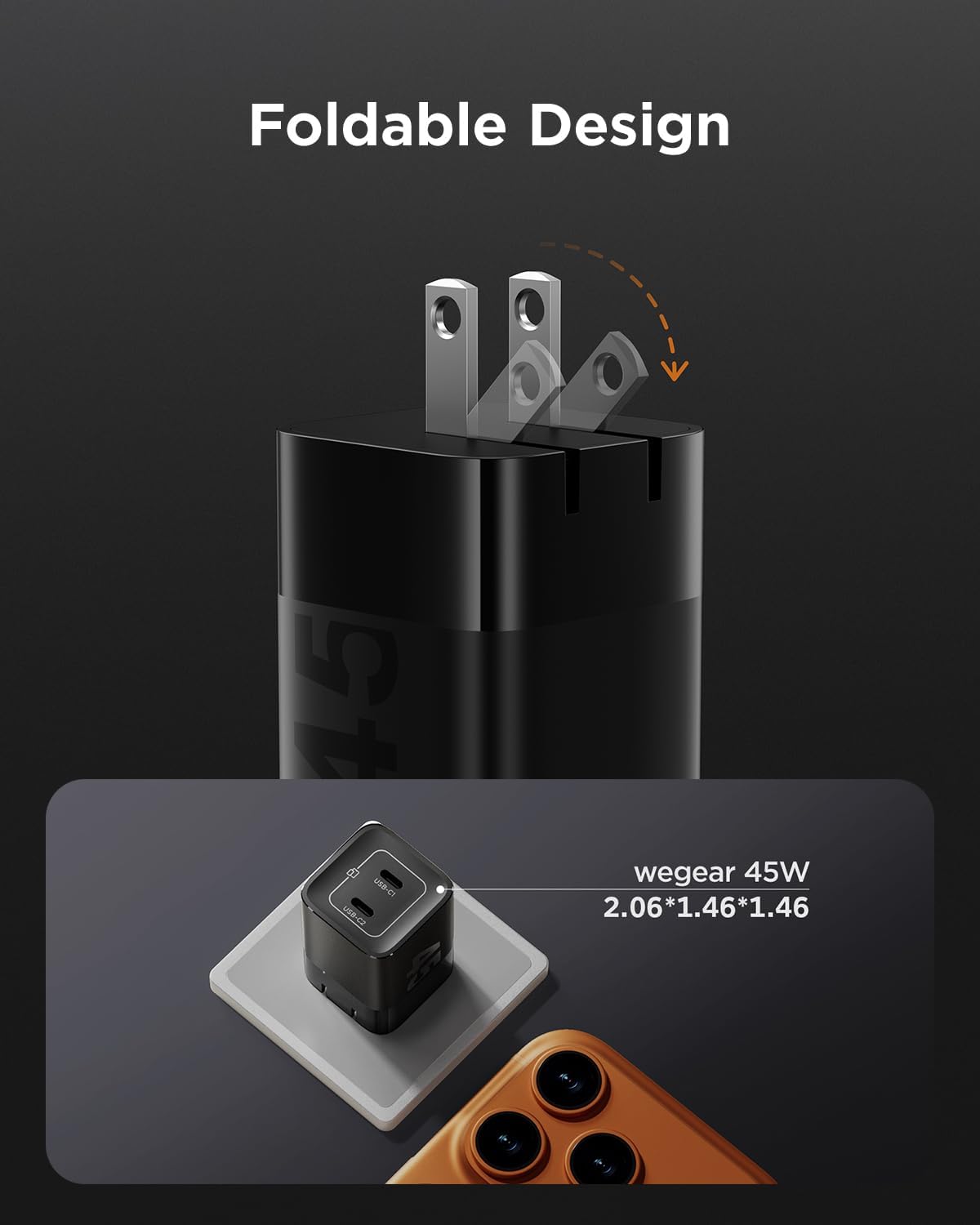 Detalle 2 de wegear 45W USB C Charger, 2-Port GaN Fast Charging with PPS