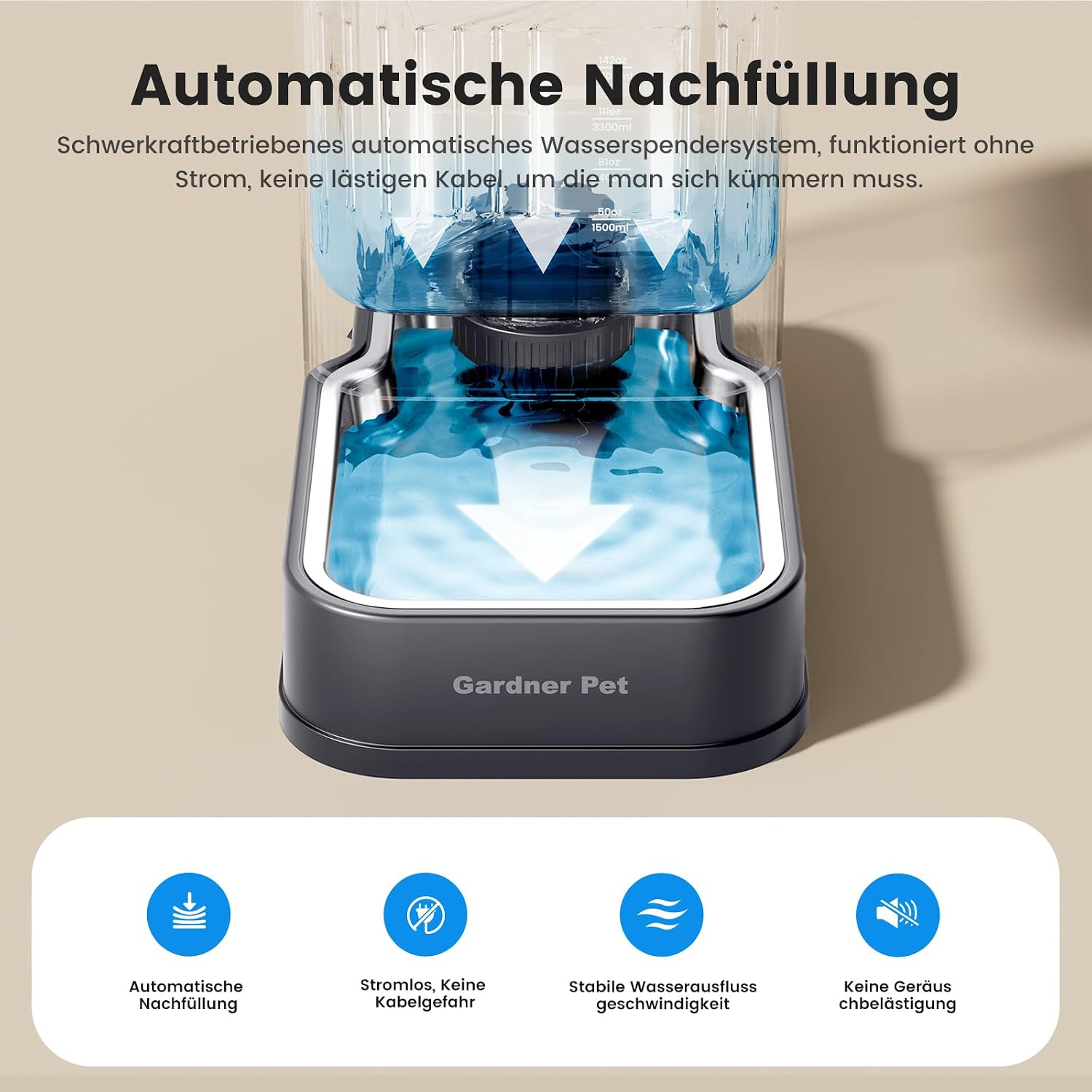 Detalle de Gardner Pet 6,5-L automatischer Wasserspender mit Edelstahlschüssel (Schwerkraft, ohne Strom)