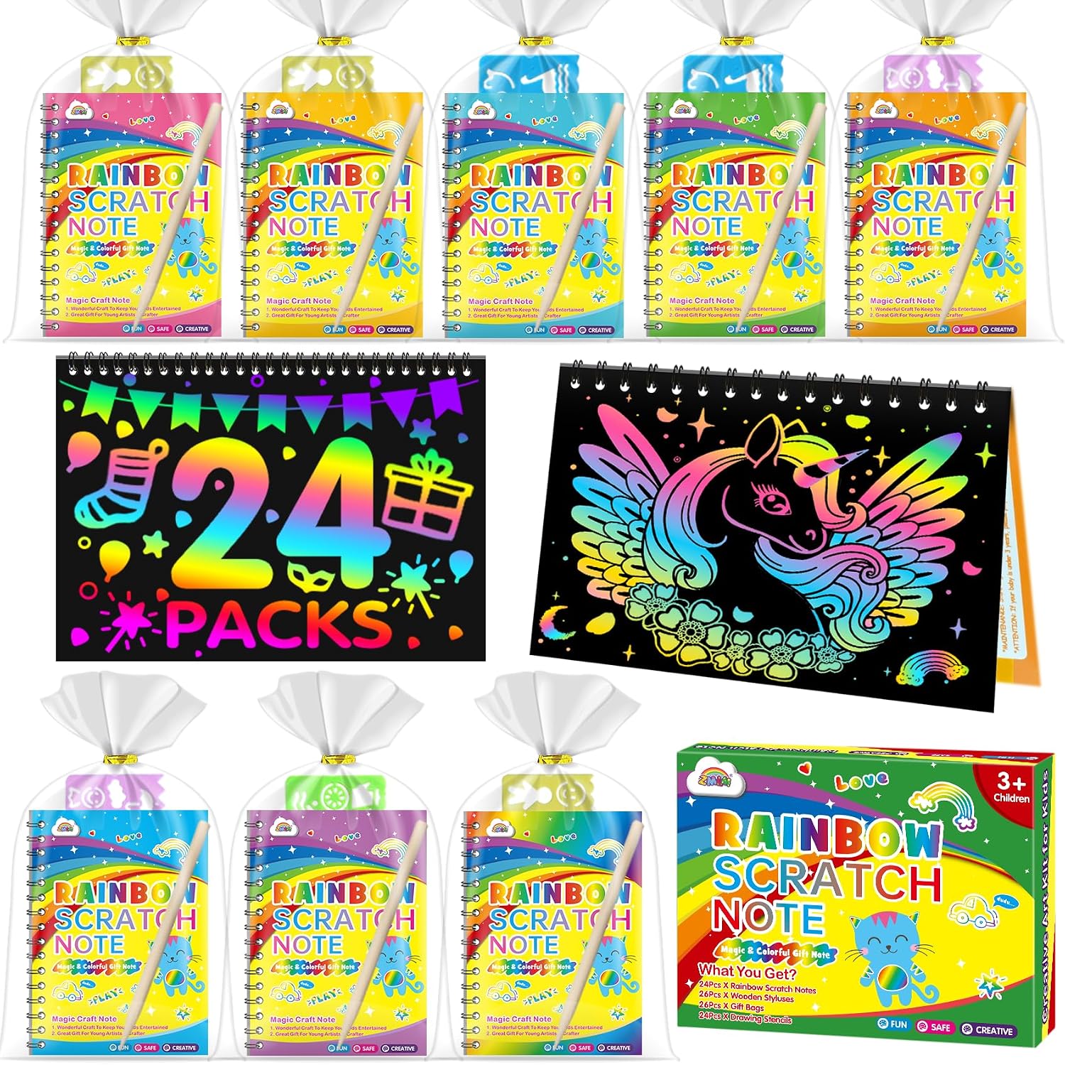 Detalle de ZMLM Kit Scratch Art Bambini con 24 libri da grattare, stencil e 26 matite