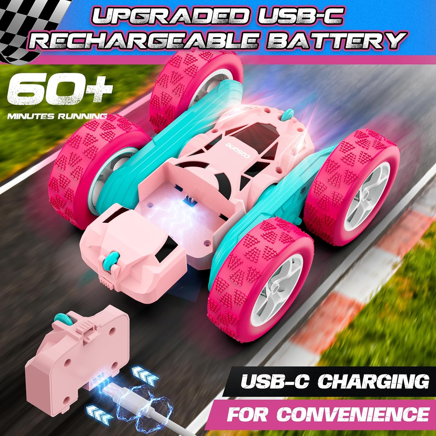 Thumbnail 1 de cosone Rosa ferngesteuertes Auto – 4WD RC Stunt-Car mit LED, 2Modul-Akkus, Anti-Interferenz, 2,4 GHz
