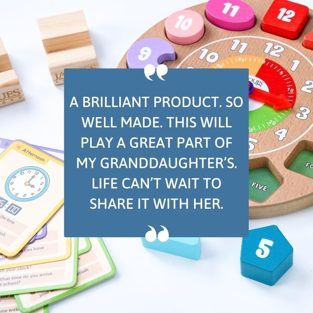 Detalle de Jaques of London Wooden Kids Learning Clock with Daily Routine Cards — a Montessori-style teaching clock for toddlers and preschoolers