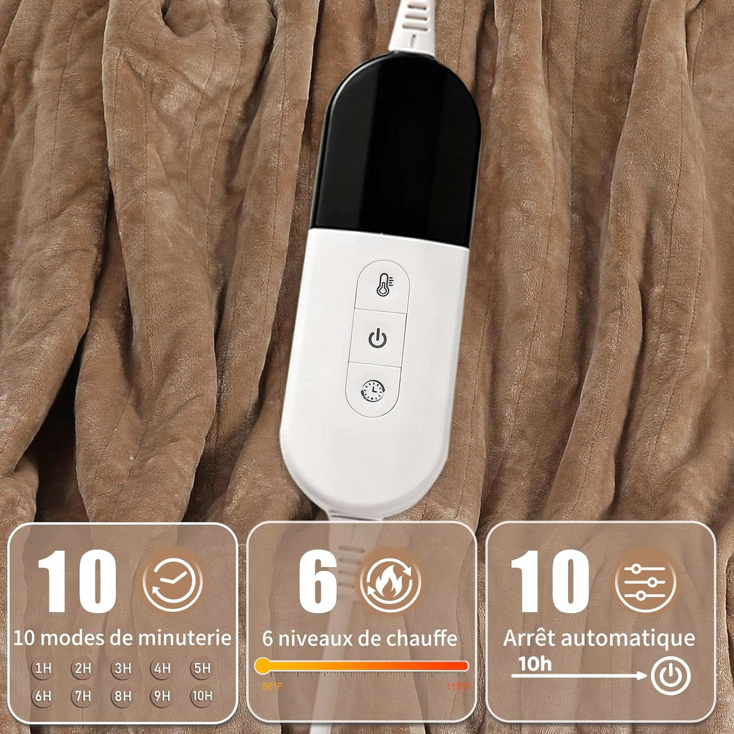 Thumbnail 3 de ESTINGO Couverture chauffante 200x150 cm flanelle sherpa, 6 températures et minuterie 10 h