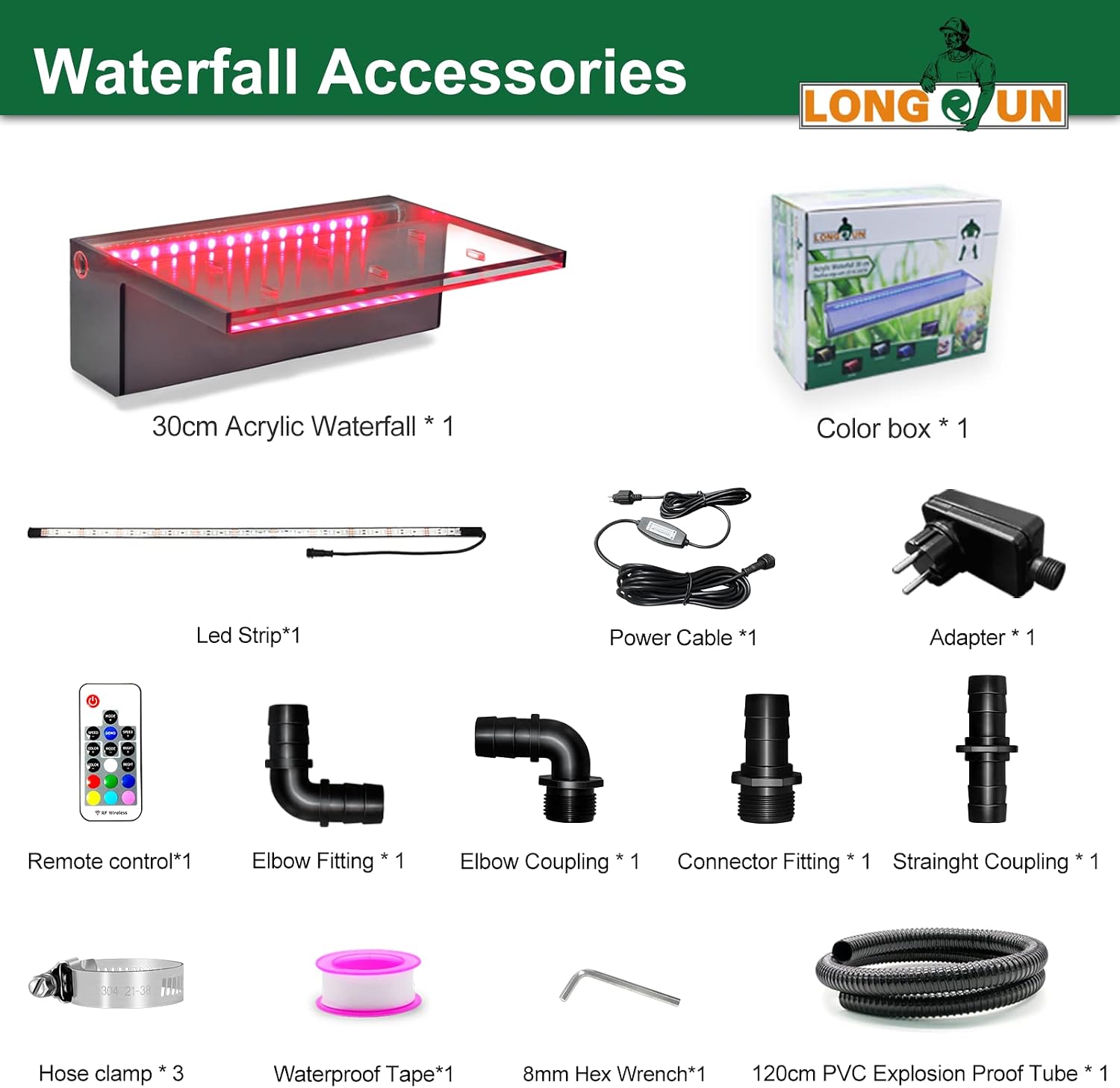 Thumbnail 1 de LONGRUN Pool Wasserfall Bachlaufsets für den Garten – Acryl-Wasserfontäne mit Farbwechsel-LED (für 30 cm)