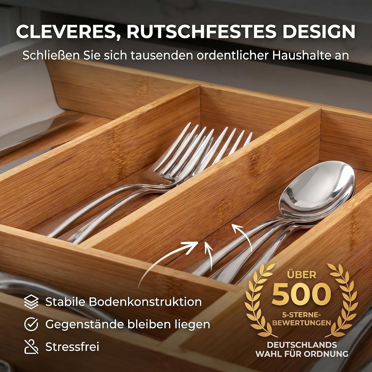 Detalle 2 de Dimono Bamboo Cutlery Tray, 7 Compartments, Adjustable 29 x 45 cm