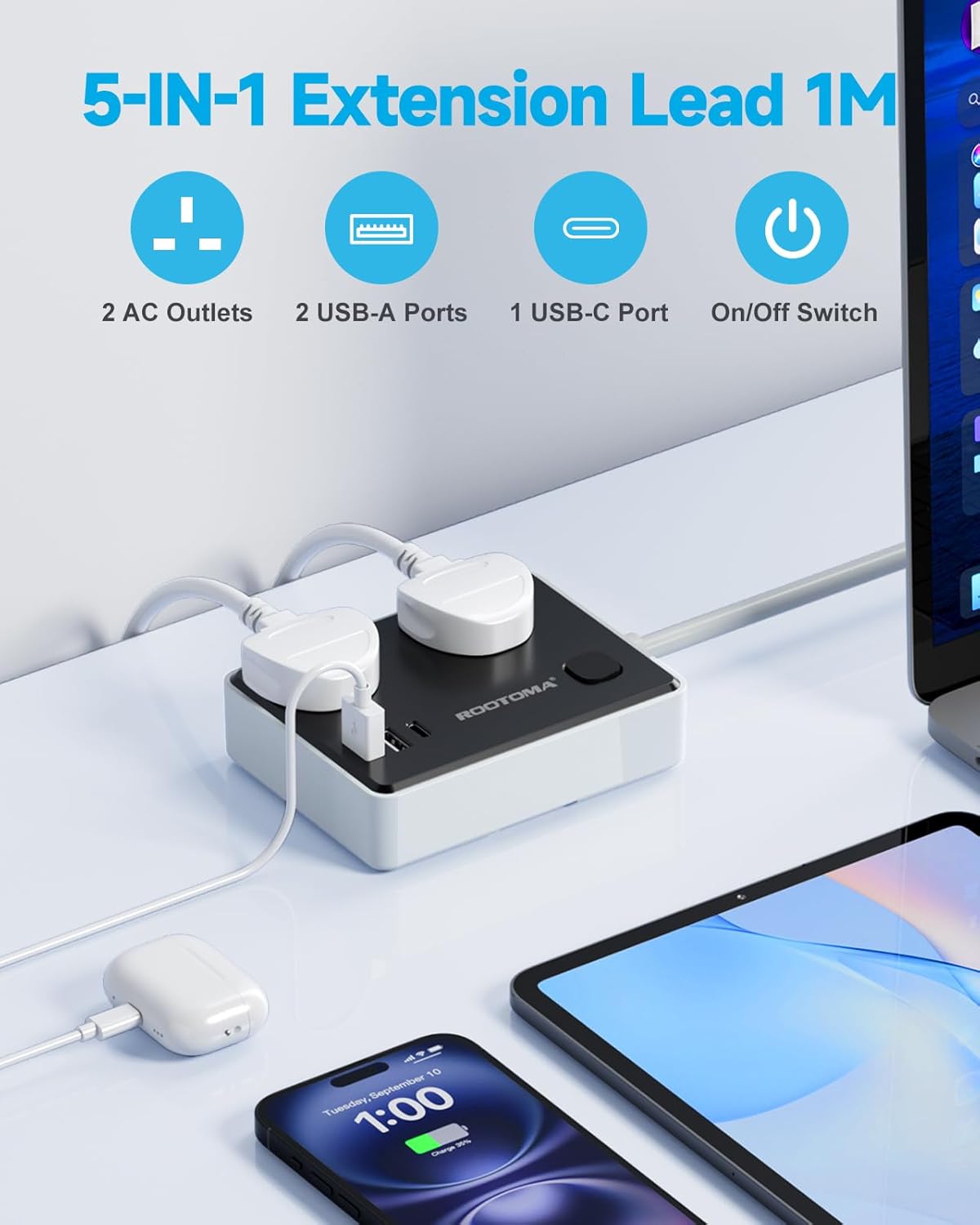 Detalle 2 de Black Extension Lead 1M with 3 USB Slots (1 USB-C) – 2-Gang Short Power Strip with Surge Protection