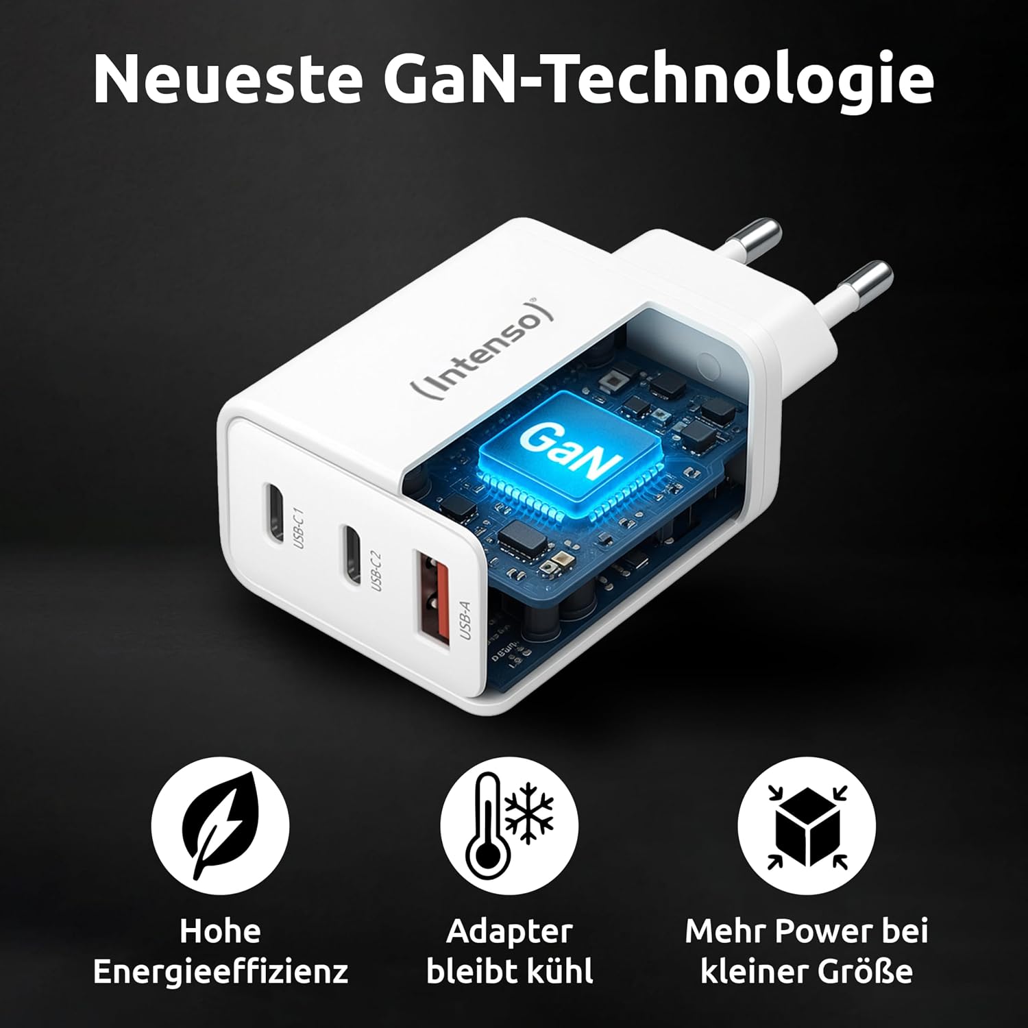 Detalle 2 de Intenso W65ACC GaN Netzteil (65 W) – 3-Port USB-C & USB-A Ladegerät mit PD 3.0, PPS & QC 4.0