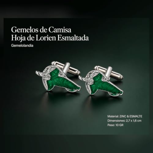 Detalle 2 de Gemelolandia Hoja de Lorien, gemelos de camisa plateados con esmalte verde