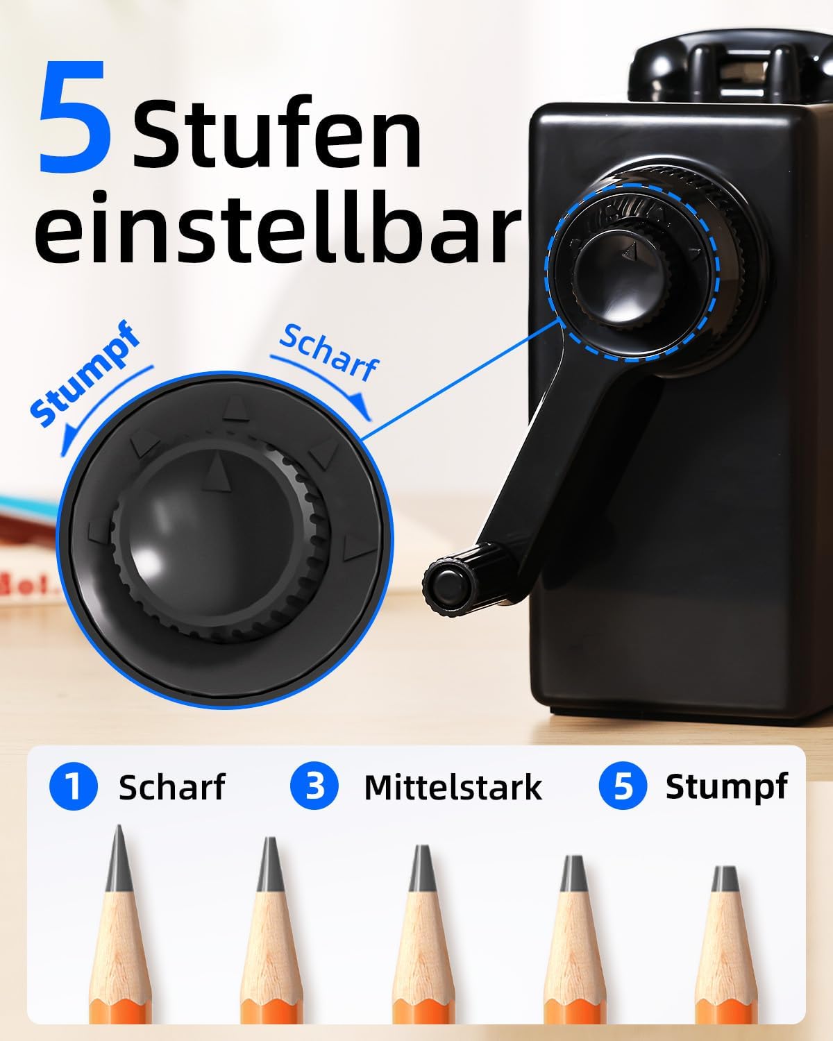 Thumbnail 1 de Zmol manueller Kurbe Anspitzer für Buntstifte – 6 Größen (6–12 mm) mit einstellbarer Spitze, Schwarz