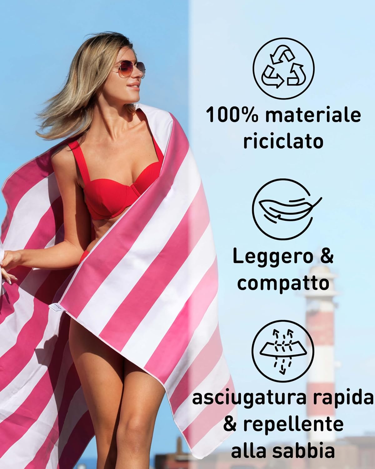 Detalle de Fit-Flip Telo Mare microfibra 200 cm x 90 cm – rosso rigato rosa-bianco, antisabbia, asciugatura rapida, 100% riciclato