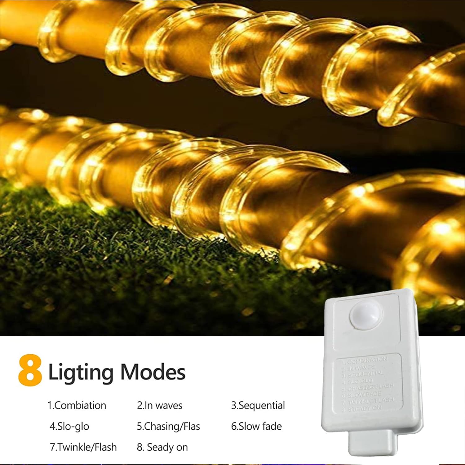 Detalle 2 de Jnaurb 150ft Outdoor LED Rope Lights (1080 LEDs), 8 Modes, Connectable & Waterproof (Warm White)