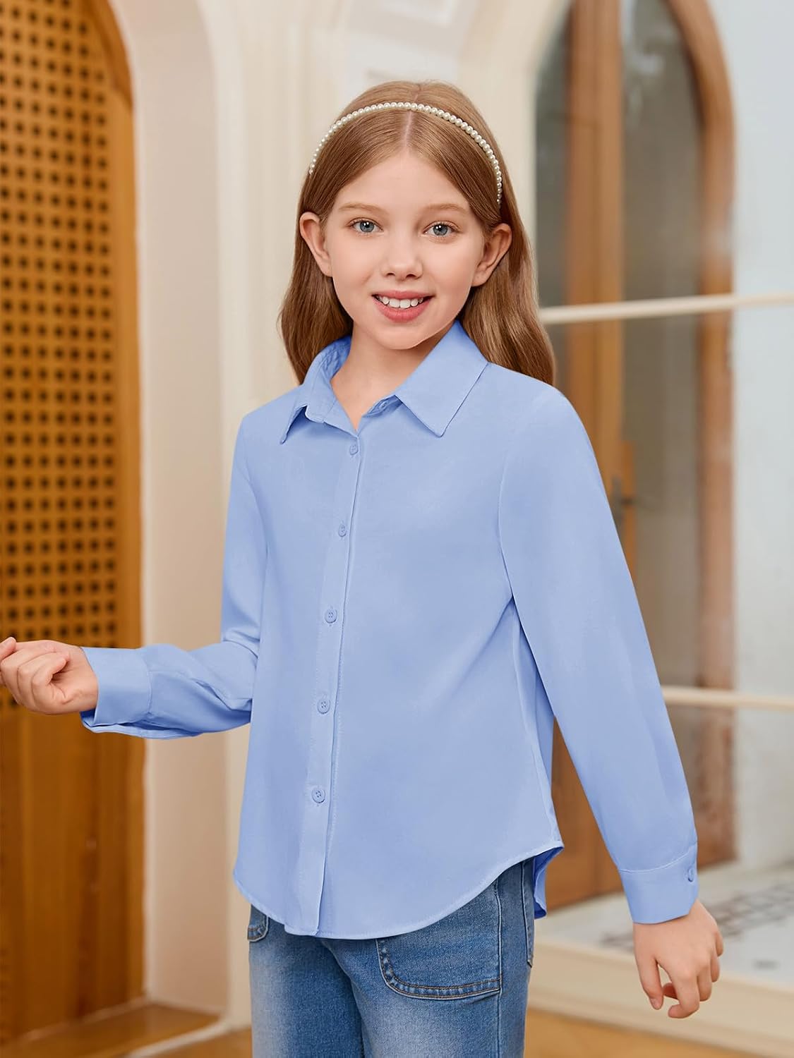 Detalle de Haloumoning meisjesblouse met lange mouwen, knoopsluiting en effen dessin