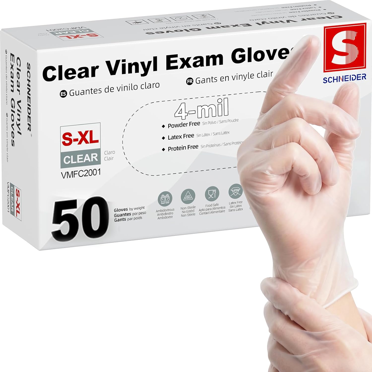 Thumbnail 6 de Schneider Clear Vinyl Exam Gloves (4 mil) – Latex-Free, Powder-Free, Food Safe