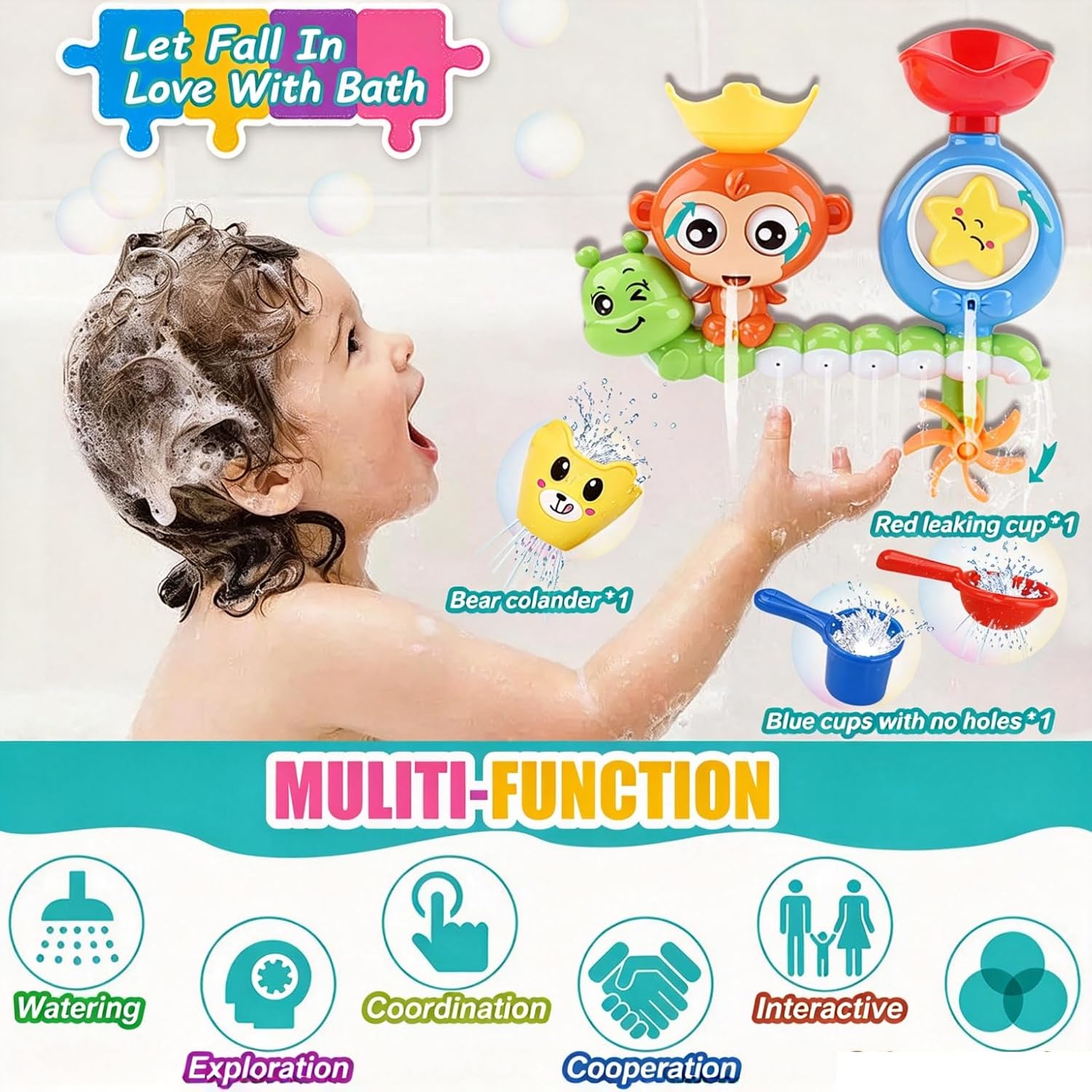 Detalle de Toddler Bath Toys Waterfall Monkey Spinning Gear Set for Ages 1–3 (with Suction Cups and Cups)